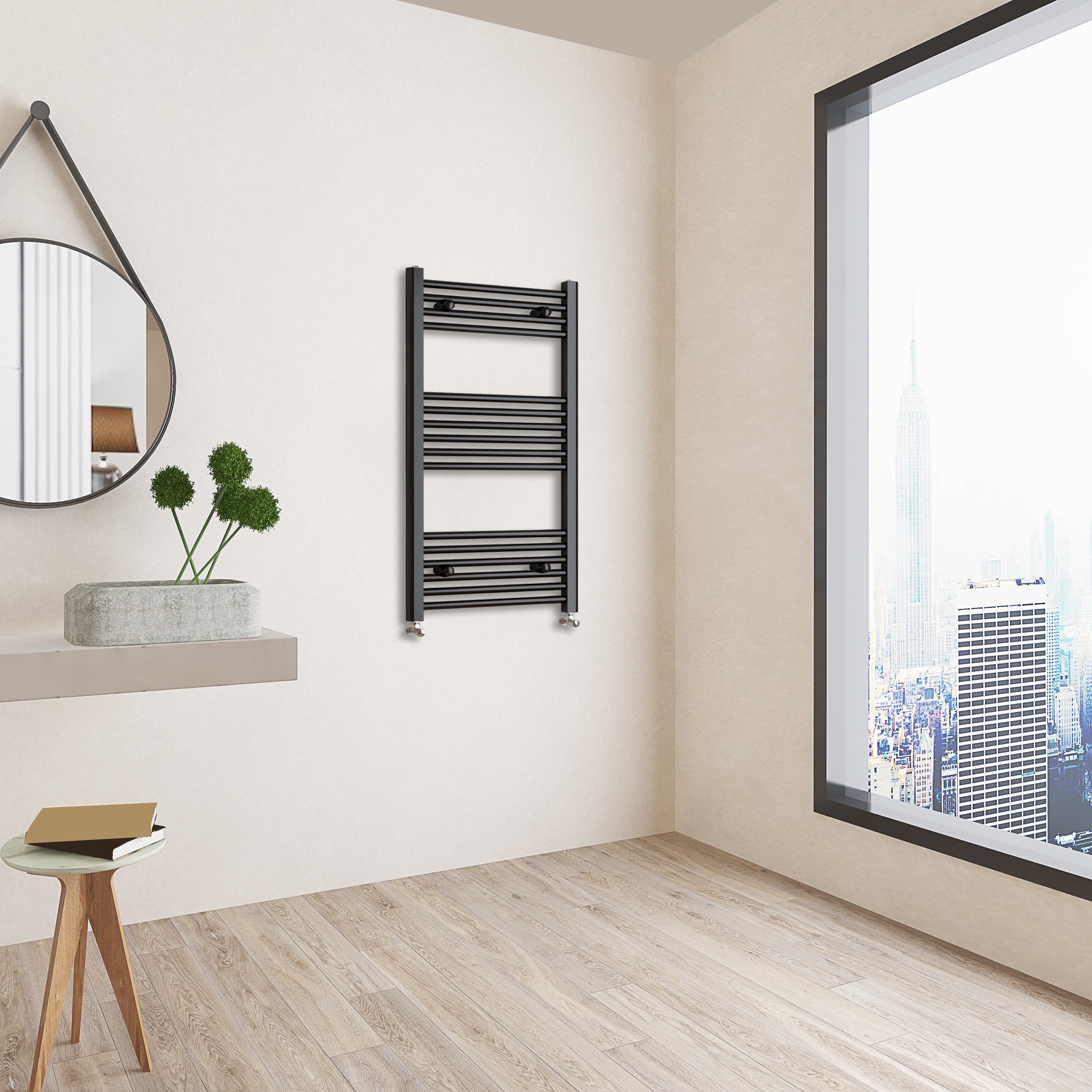 Aver-Growth- 1000x600mm Black Heated Towel Rail Straight Designer Bathroom Ladder Radiator