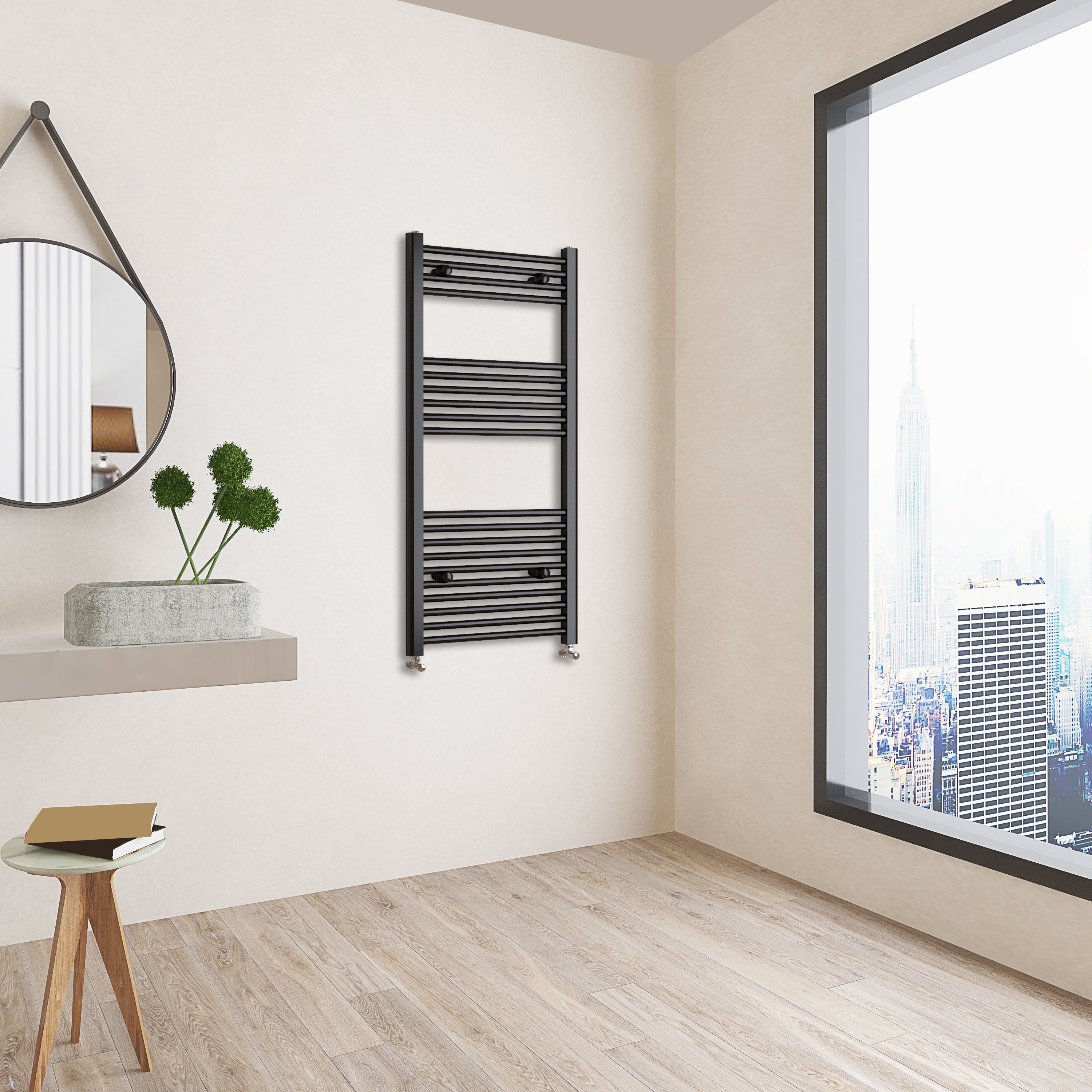 Aver-Growth- 1200x600mm Black Heated Towel Rail Straight Designer Bathroom Ladder Radiator