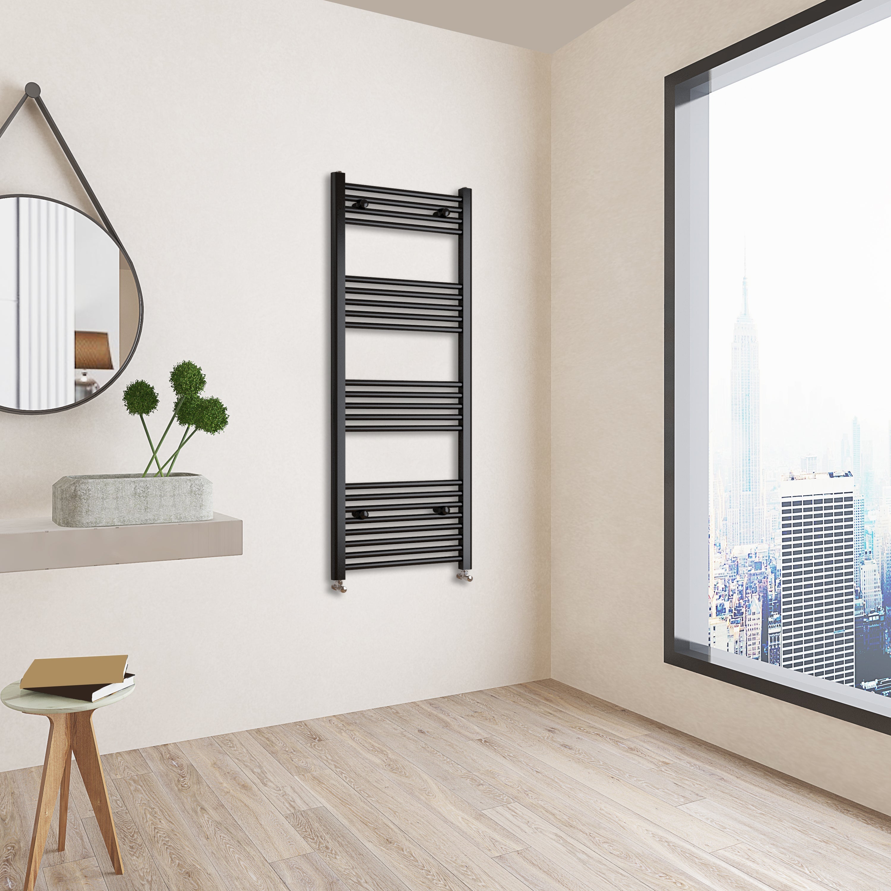 Aver-Growth- 1400x600mm Black Heated Towel Rail Straight Designer Bathroom Ladder Radiator