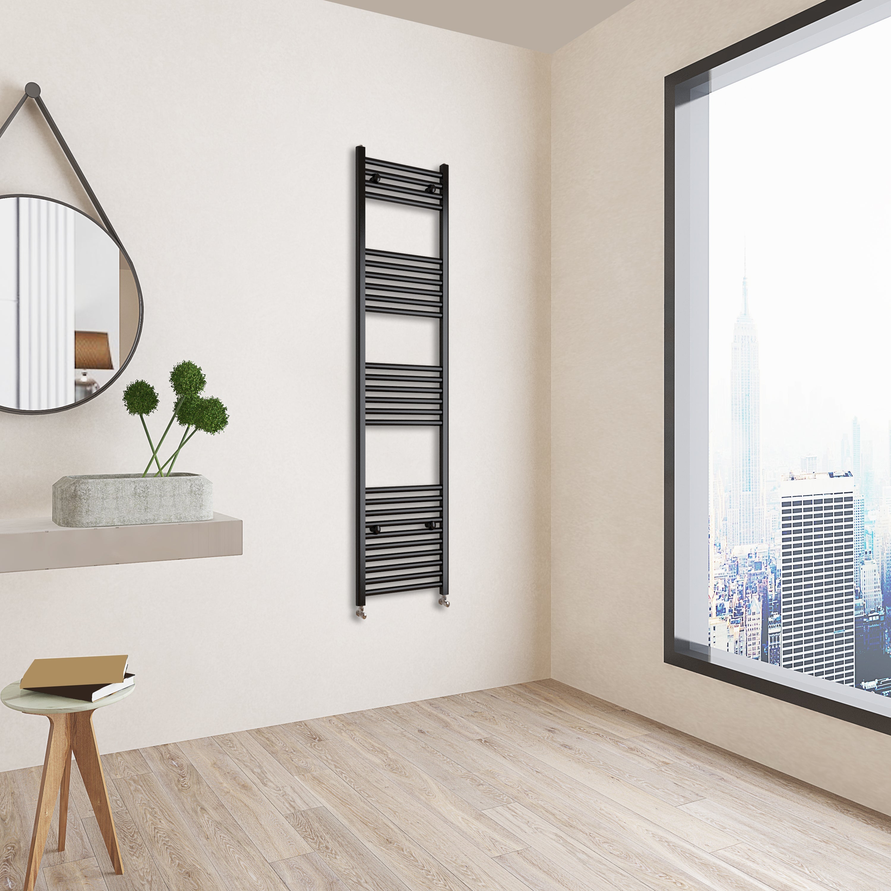 Aver-Growth- 1600x400mm Black Heated Towel Rail Straight Designer Bathroom Ladder Radiator