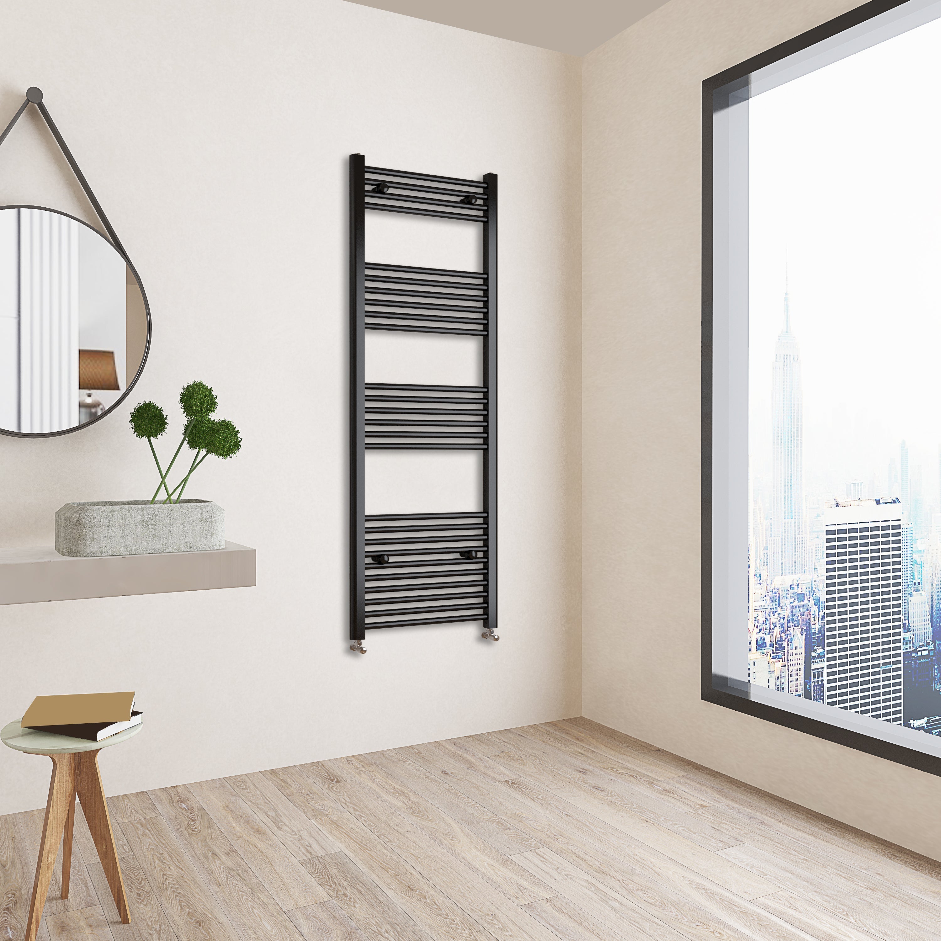 Aver-Growth- 1600x600mm Black Heated Towel Rail Straight Designer Bathroom Ladder Radiator