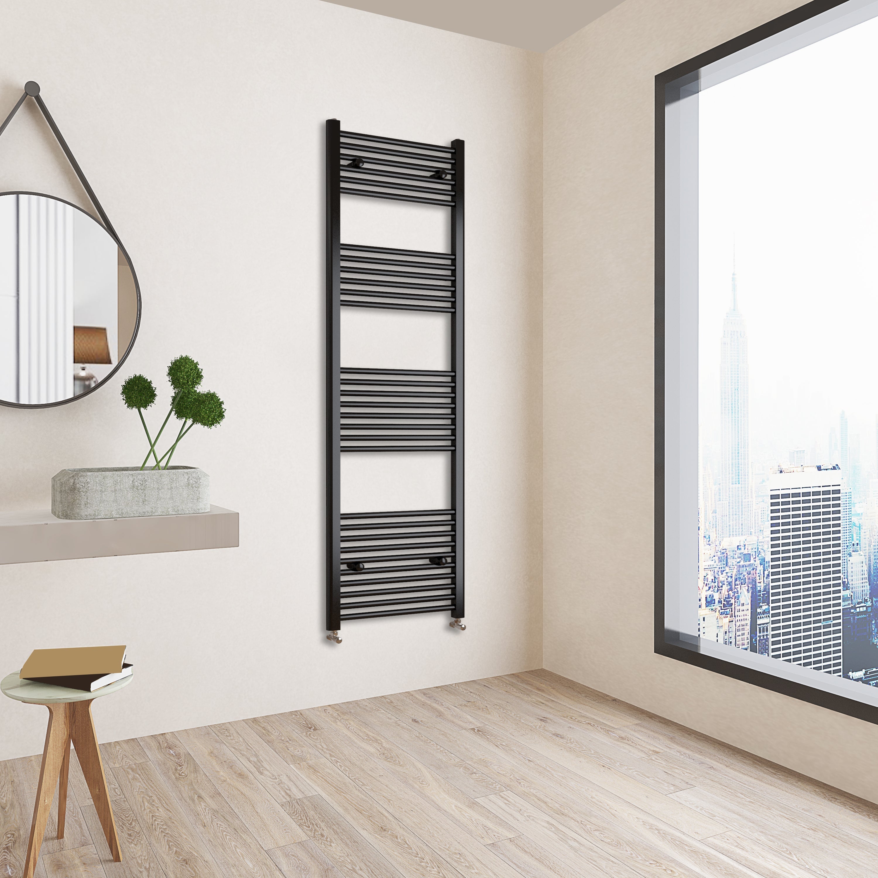 Aver-Growth- 1800x600mm Black Heated Towel Rail Straight Designer Bathroom Ladder Radiator