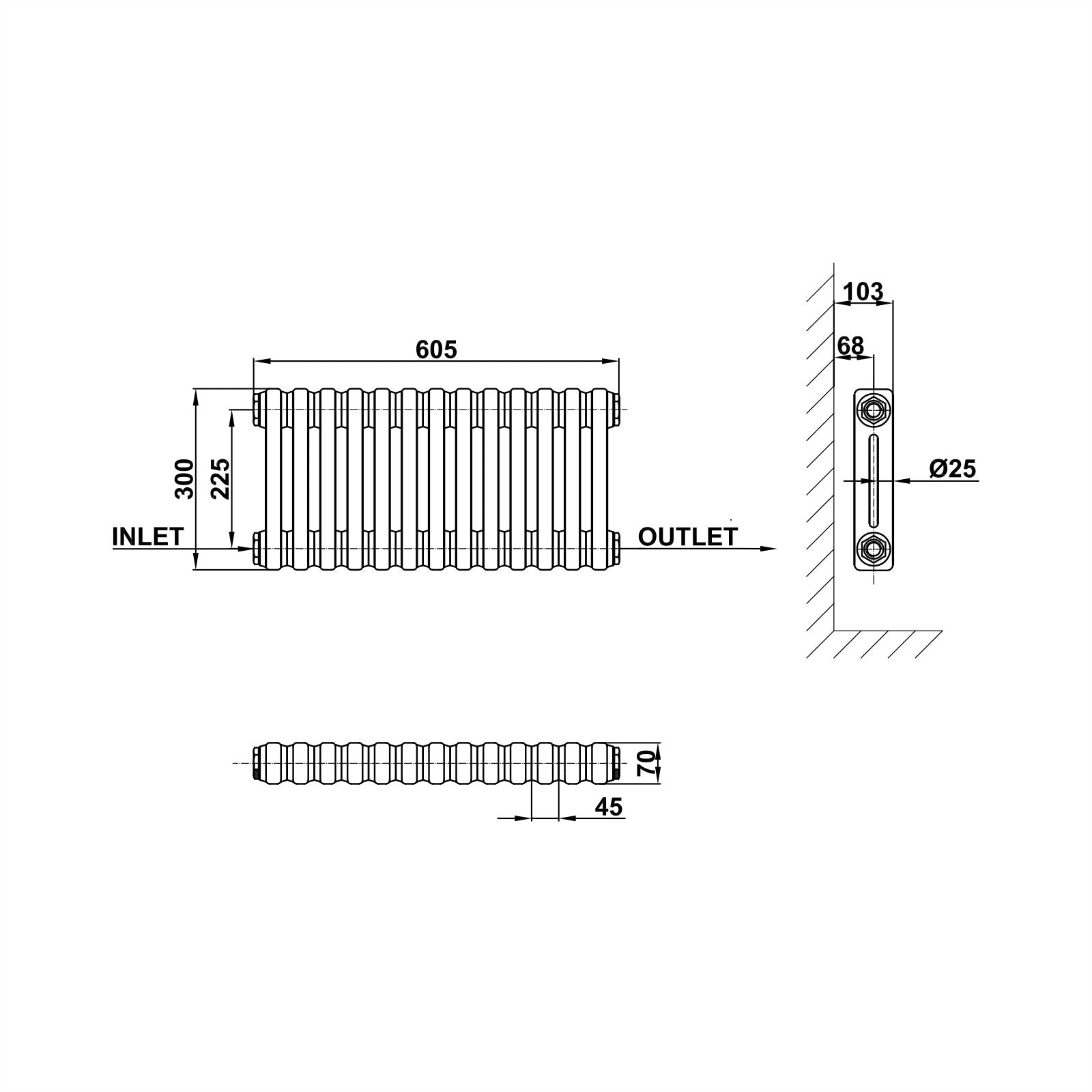 300x605mm anthracite 2 columns traditional radiator dimension