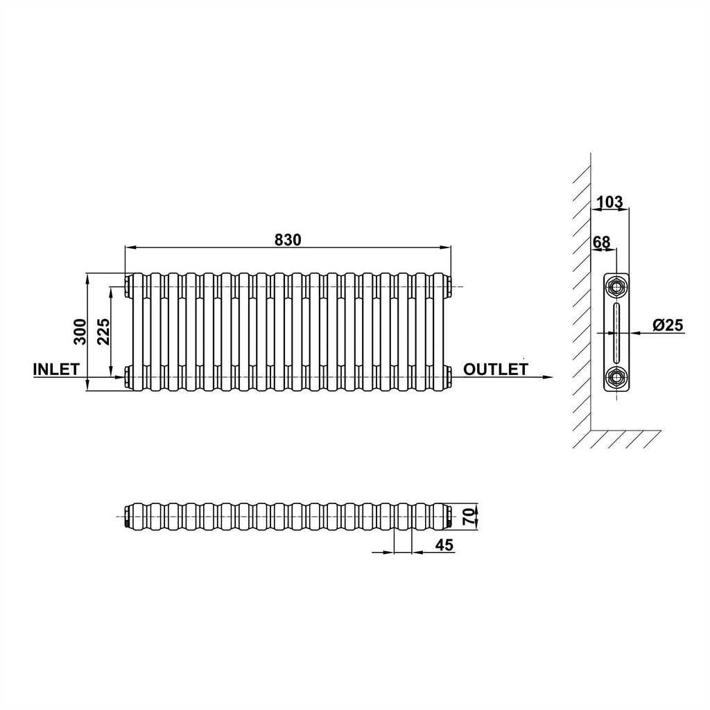 300x830mm white 2 columns traditional radiator dimension