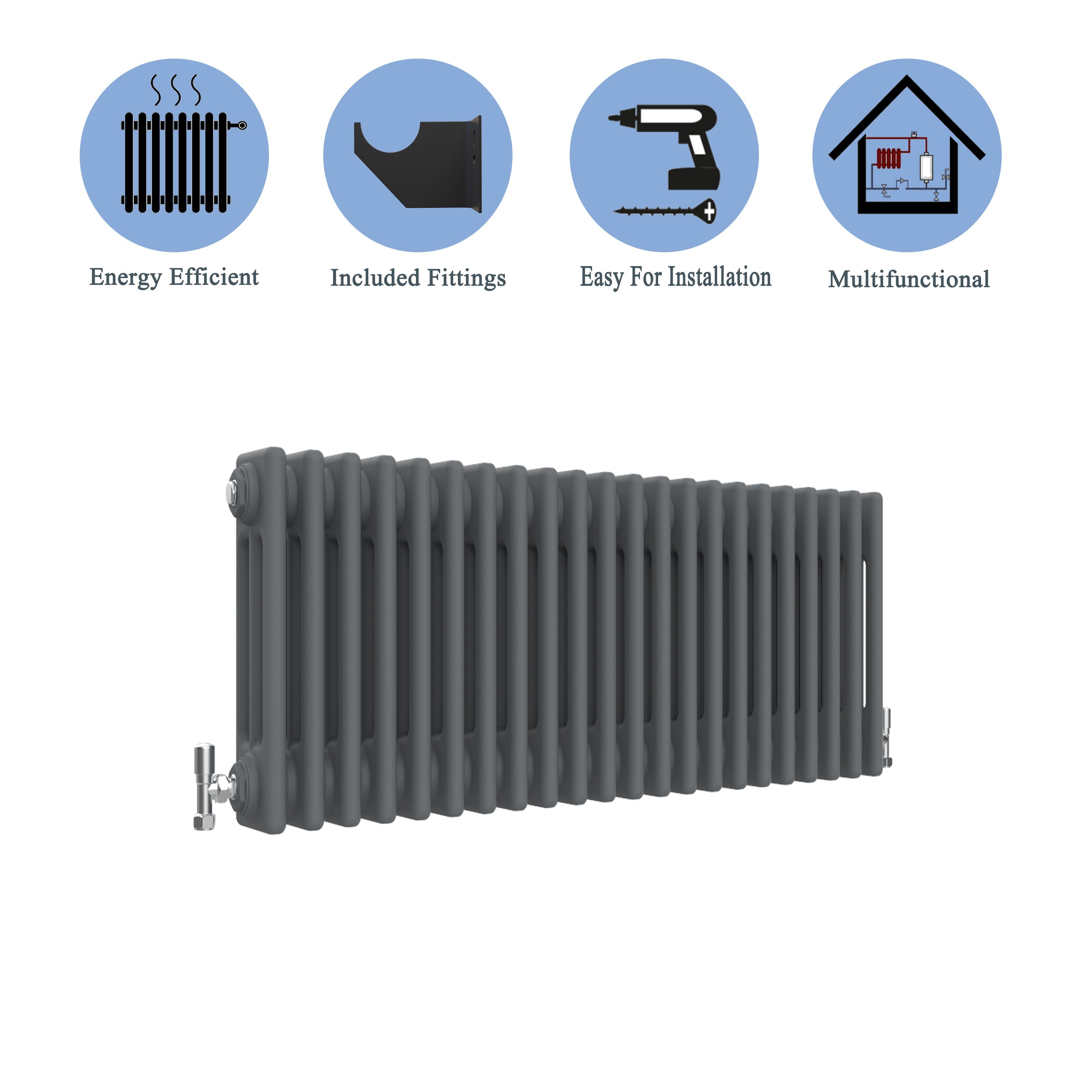 Aver-Growth- Traditional Horizontal 300x1010mm 3 Columns Anthracite Cast Iron Radiator