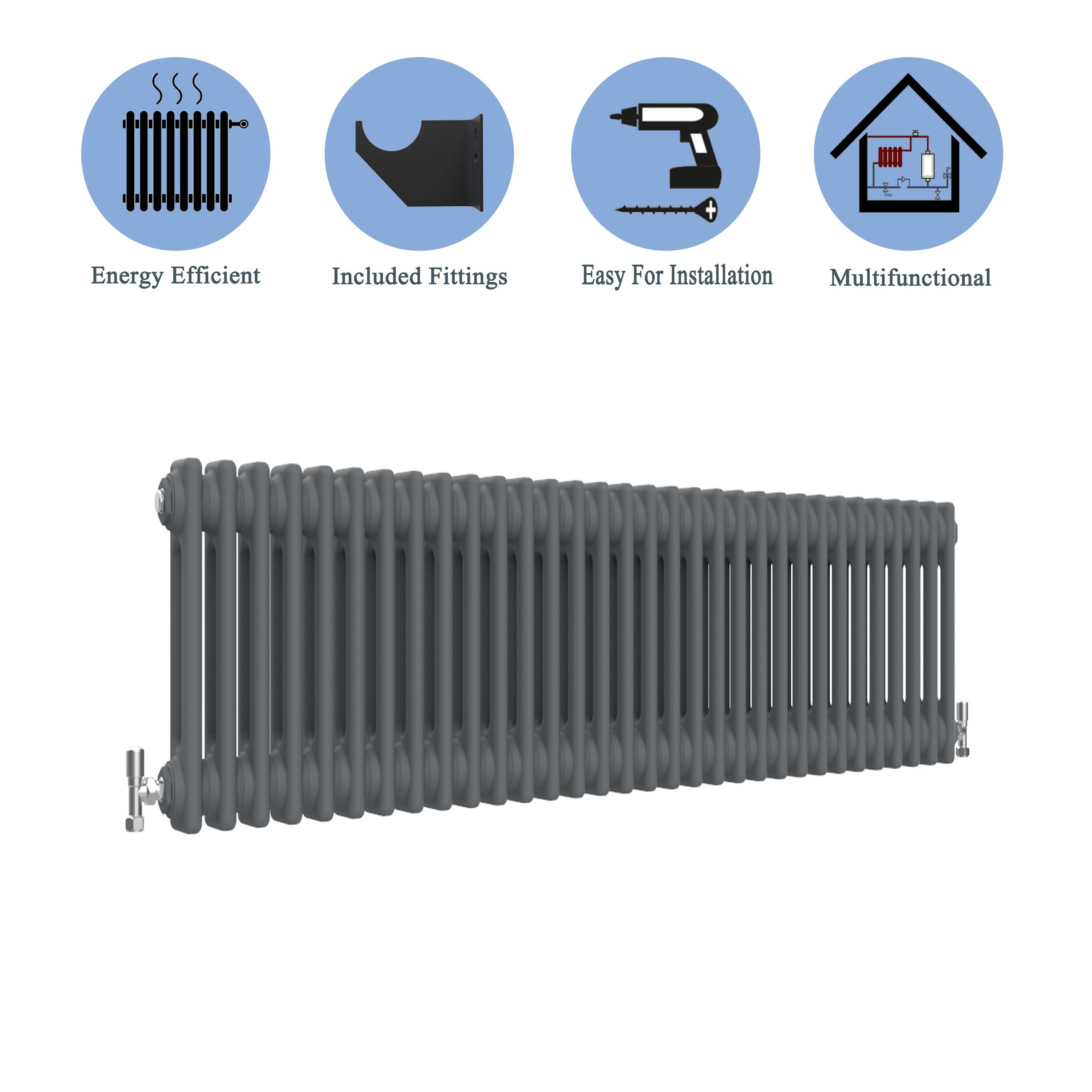 Aver-Growth- Traditional Horizontal 300x1460mm 2 Columns Anthracite Cast Iron Radiator