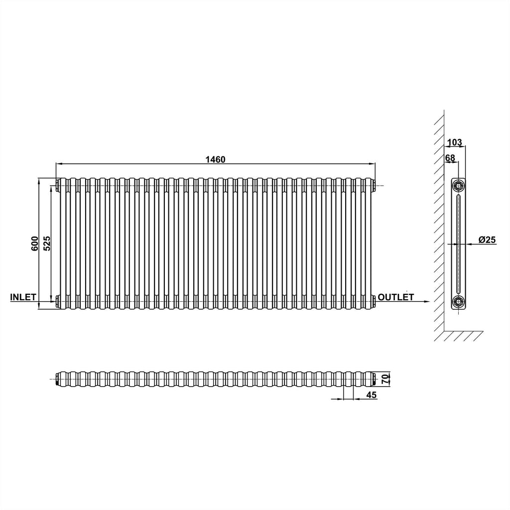 600x1460mm white 2 columns traditional radiator dimension