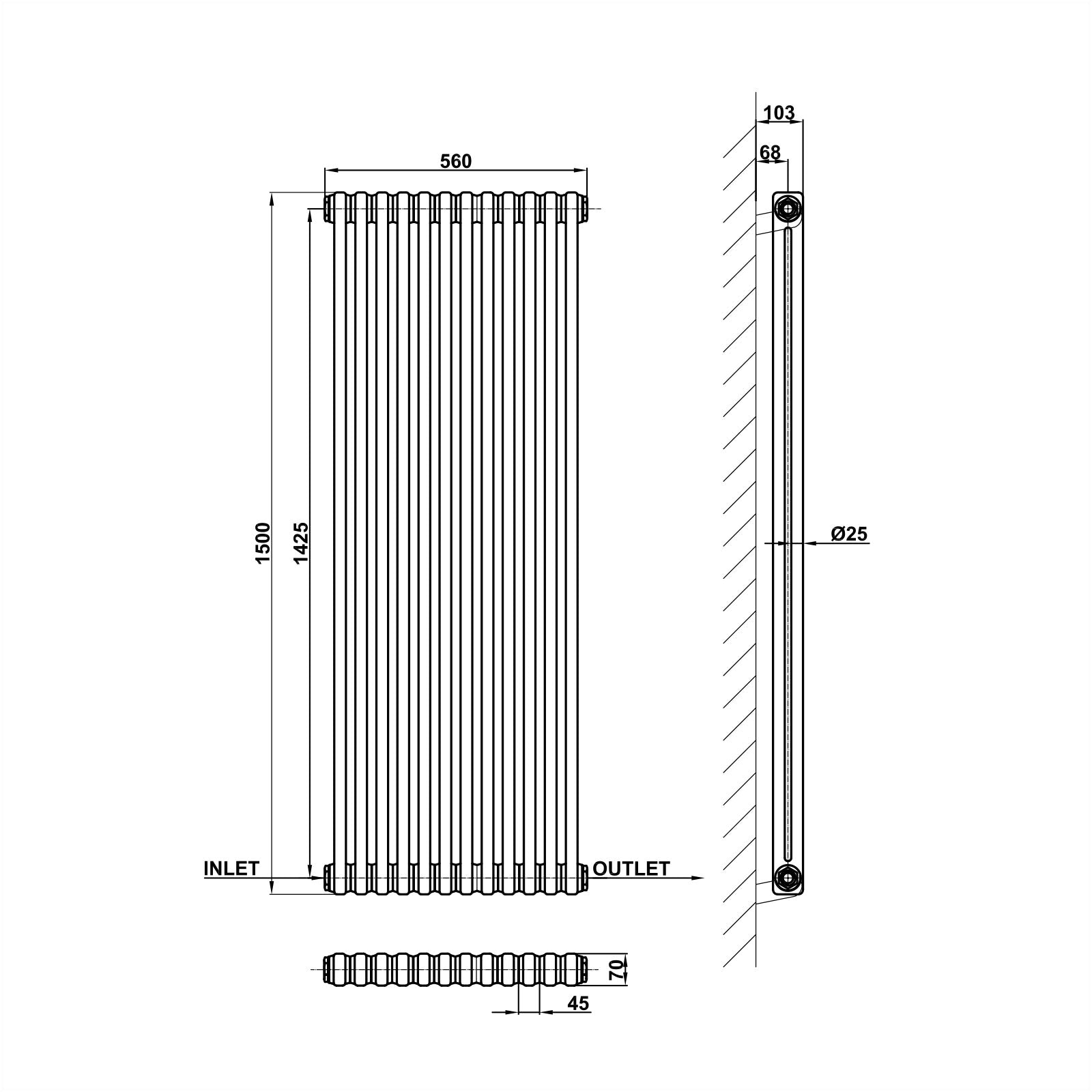1500x560mm anthracite 2 columns traditional radiator dimension
