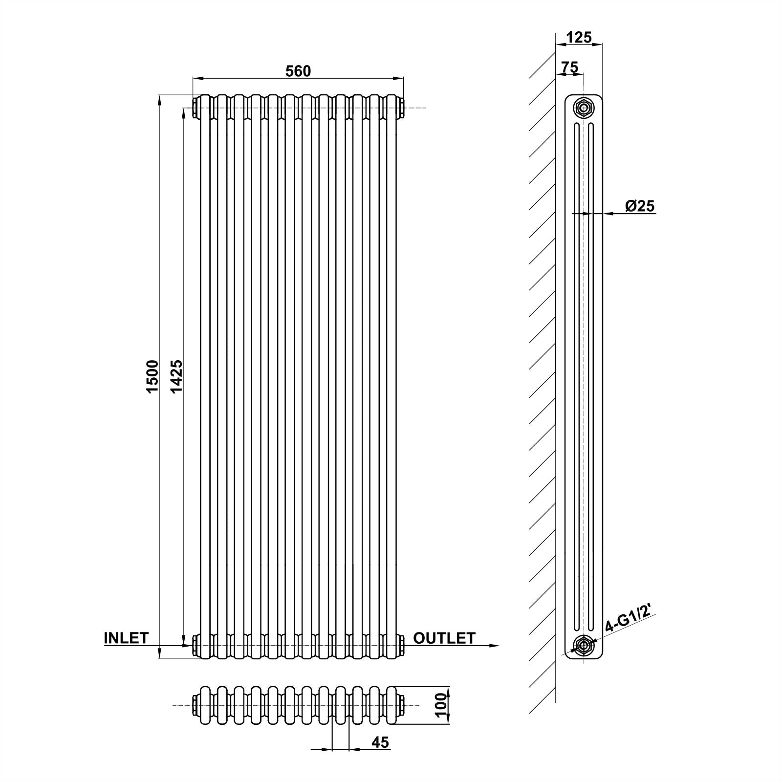 1500x560mm anthracite 3 columns traditional radiator dimension