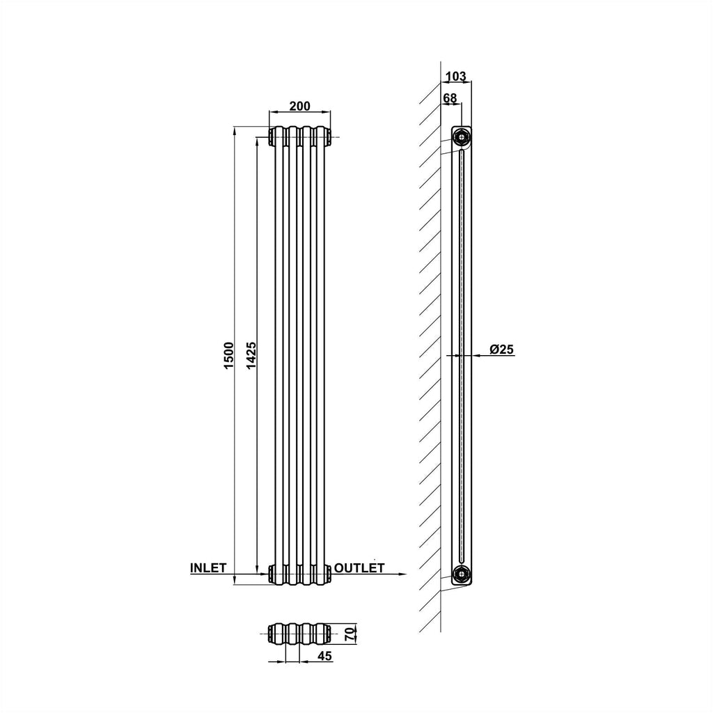 1500x200mm anthracite 2 columns traditional radiator dimension