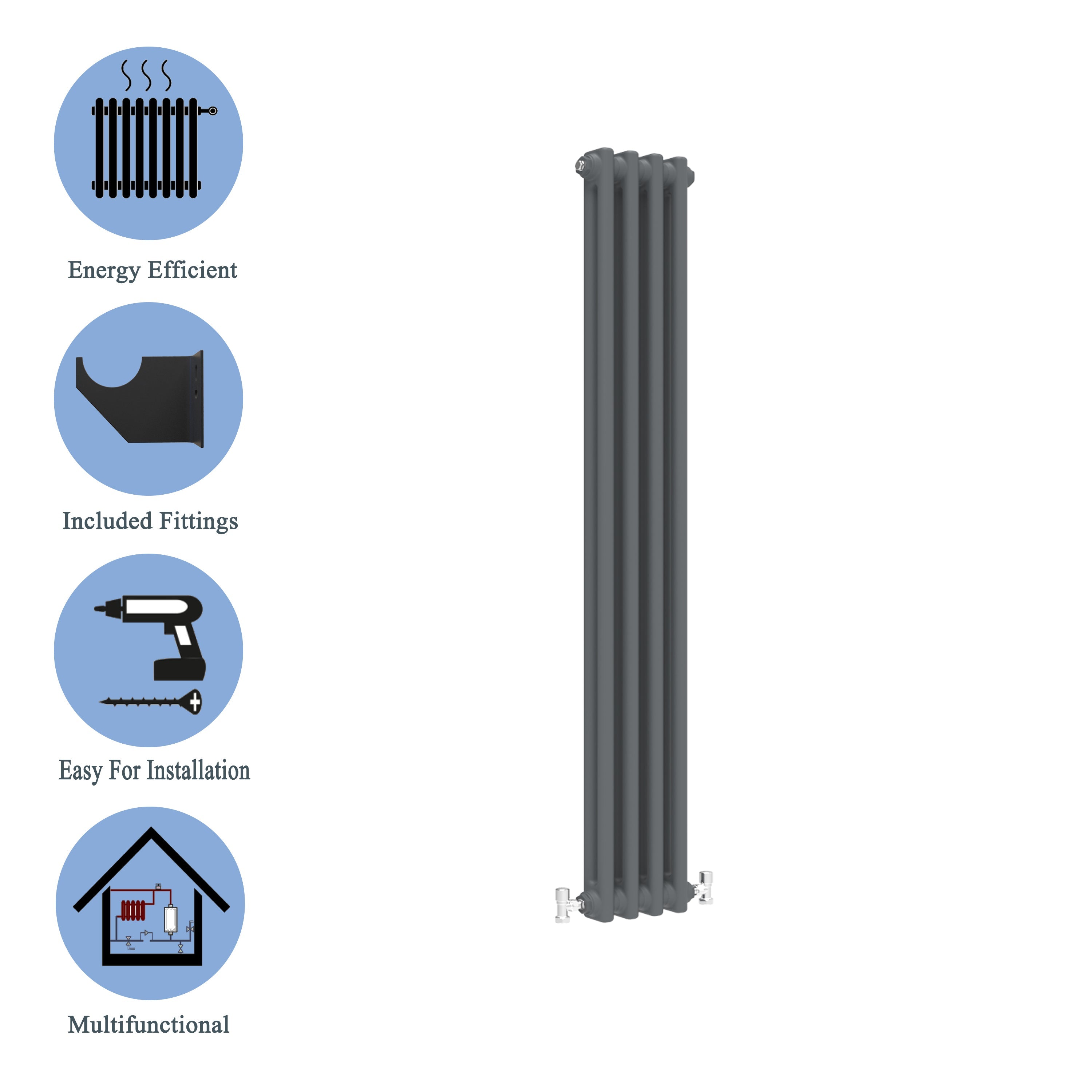 Aver-Growth- Traditional Vertical 1500x200mm 2 Columns Anthracite Cast Iron Radiator