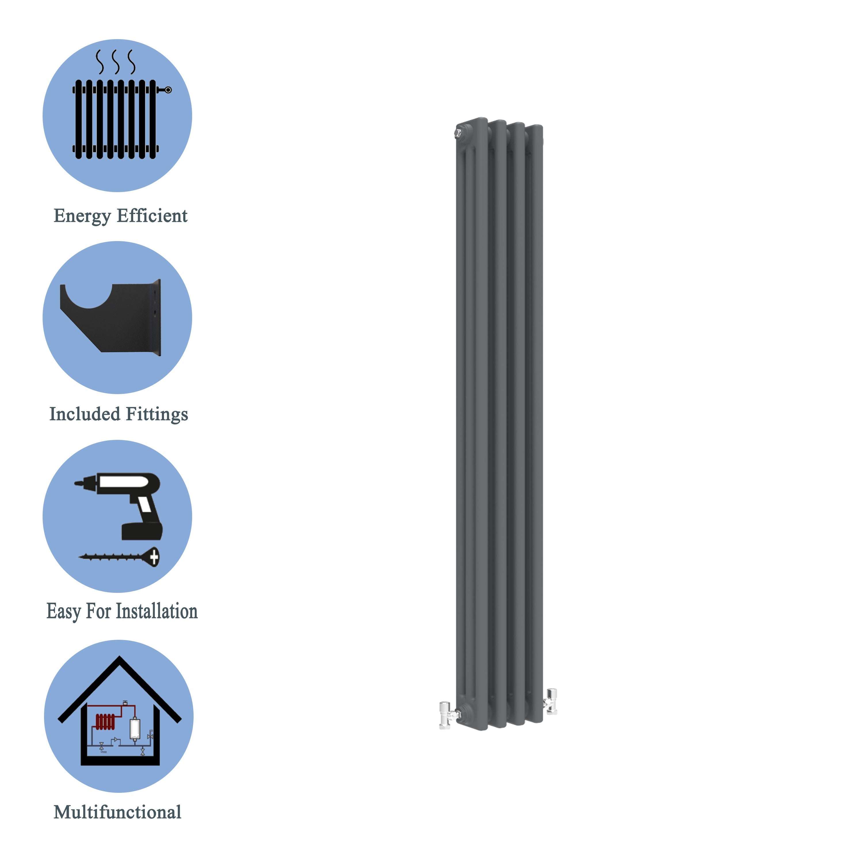 Aver-Growth- Traditional Vertical 1500x200mm 3 Columns Anthracite Cast Iron Radiator