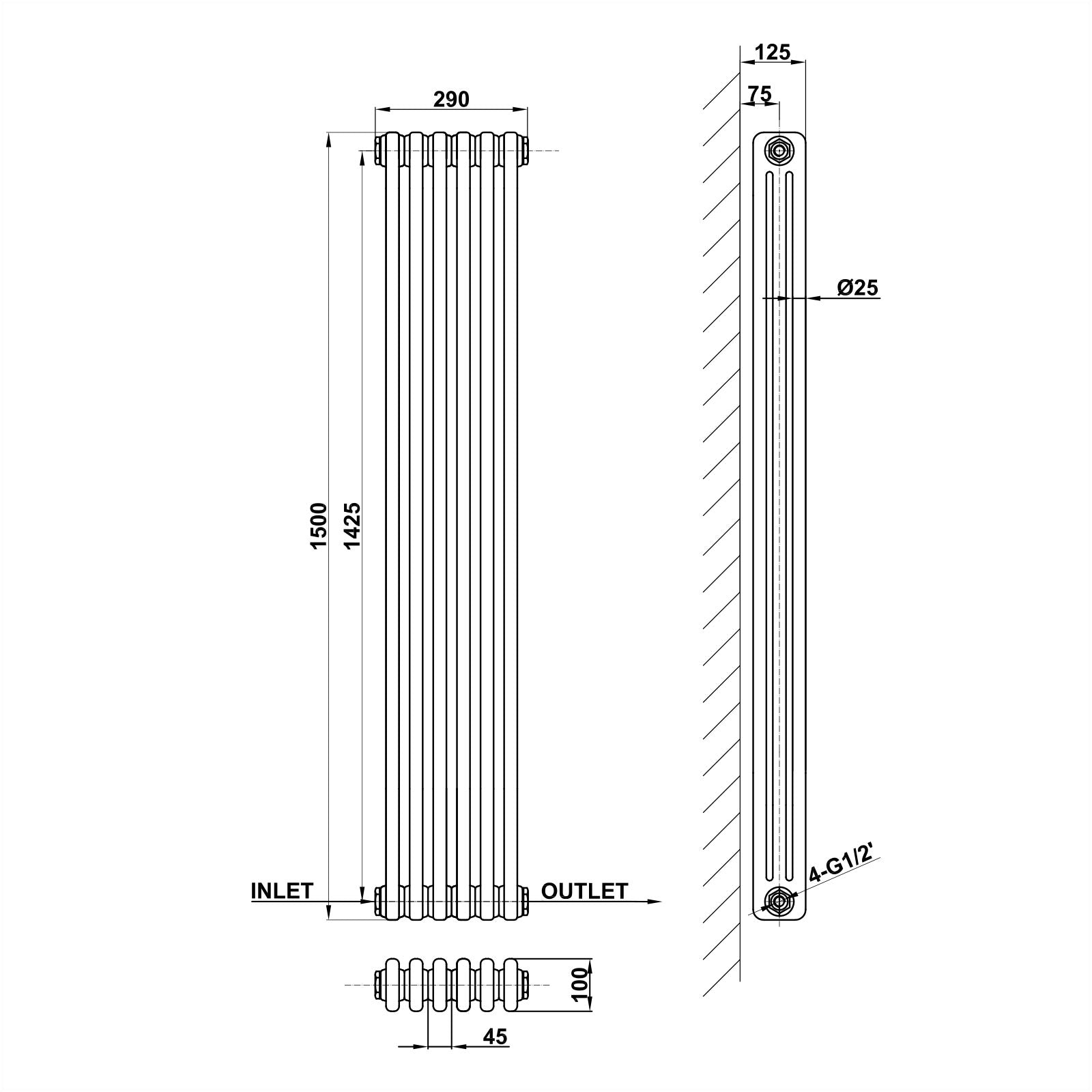 1500x290mm anthracite 3 columns traditional radiator dimension