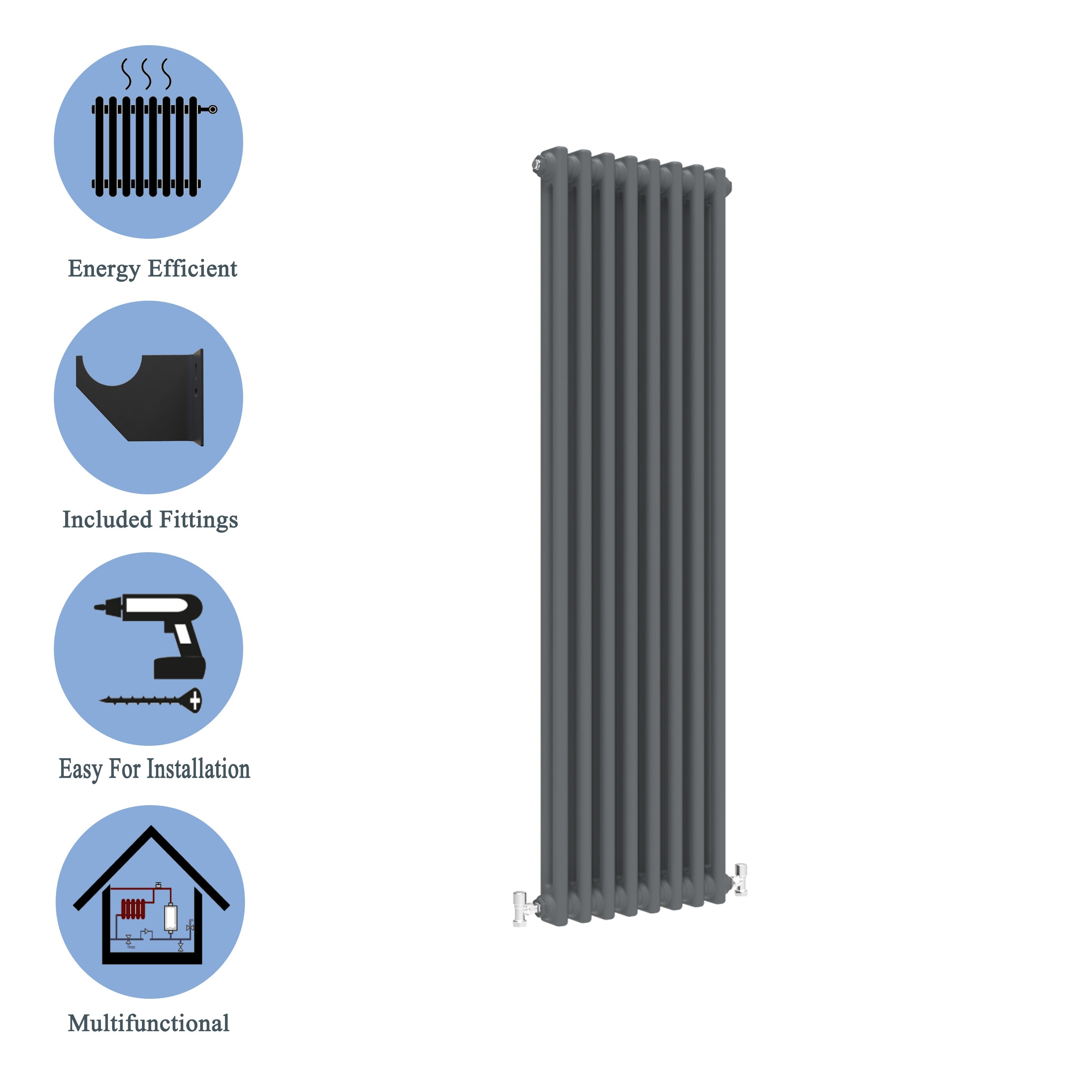 Aver-Growth- Traditional Vertical 1500x380mm 2 Columns Anthracite Cast Iron Radiator