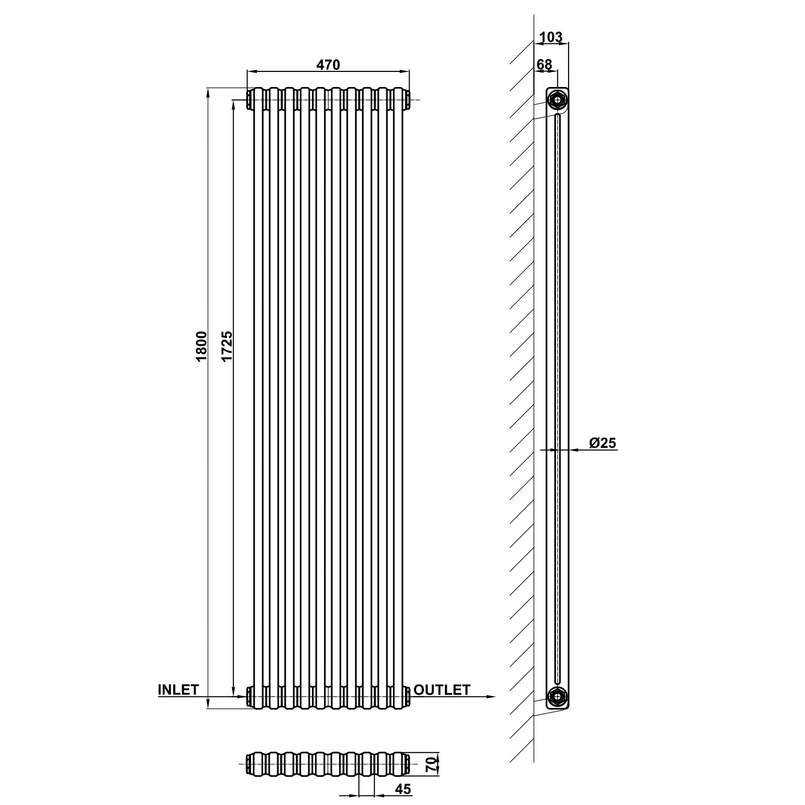 1800x470mm anthracite 2 columns traditional radiator dimension