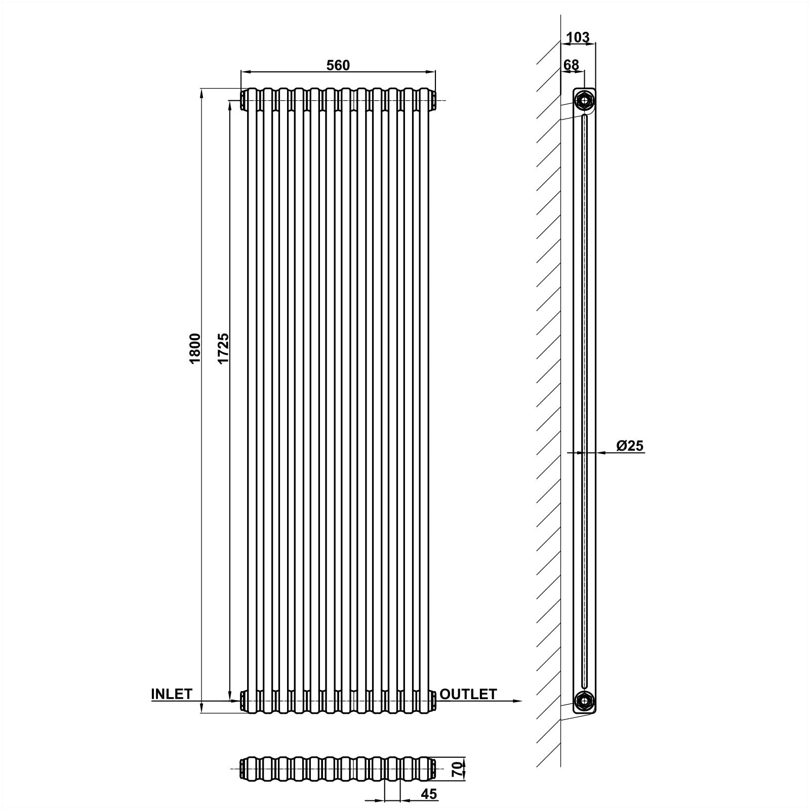 1800x560mm white 2 columns traditional radiator dimension