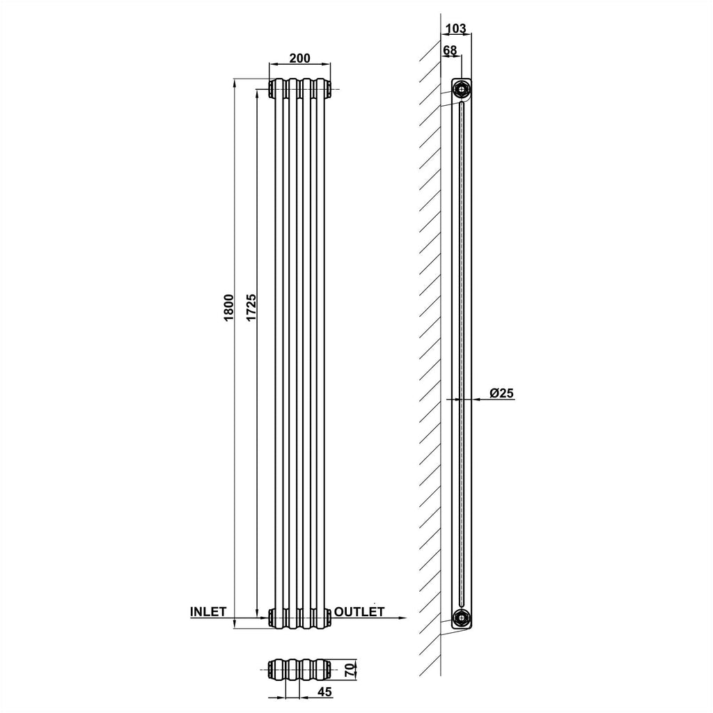 1800x200mm white 2 columns traditional radiator dimension