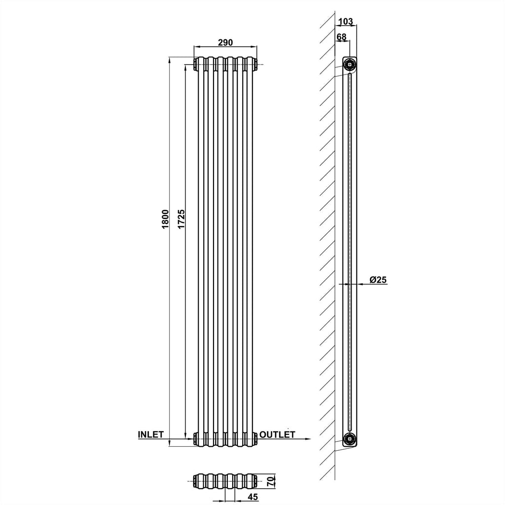 1800x290mm anthracite 2 columns traditional radiator dimension