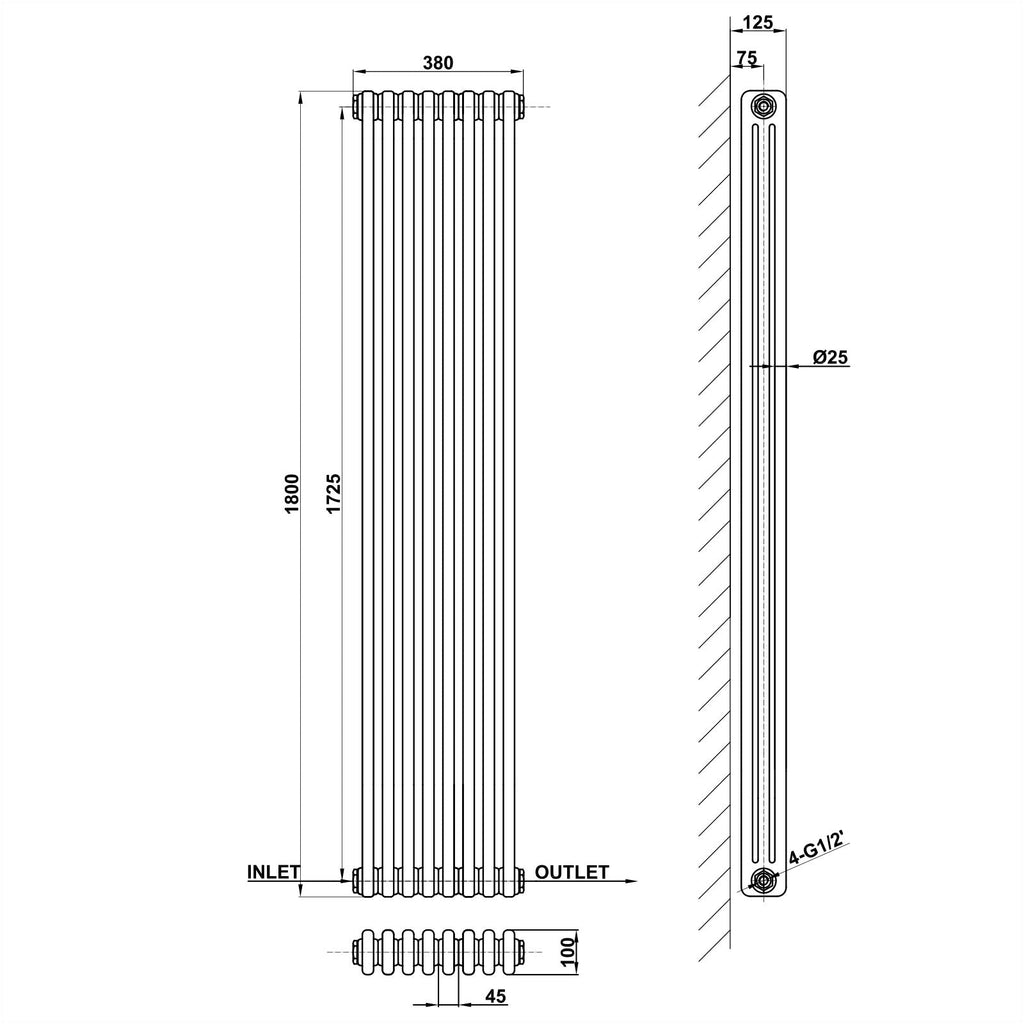 1800x380mm anthracite 3 columns traditional radiator dimension