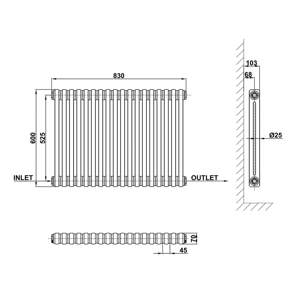 Traditional Horizontal 600x830mm 2 Columns Black Cast Iron Radiator dimension