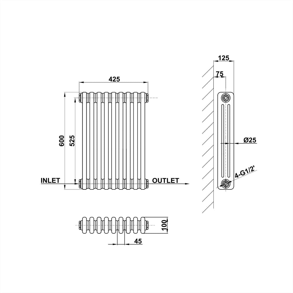 Traditional Horizontal 600x425mm 3 Columns Black Cast Iron Radiator dimension