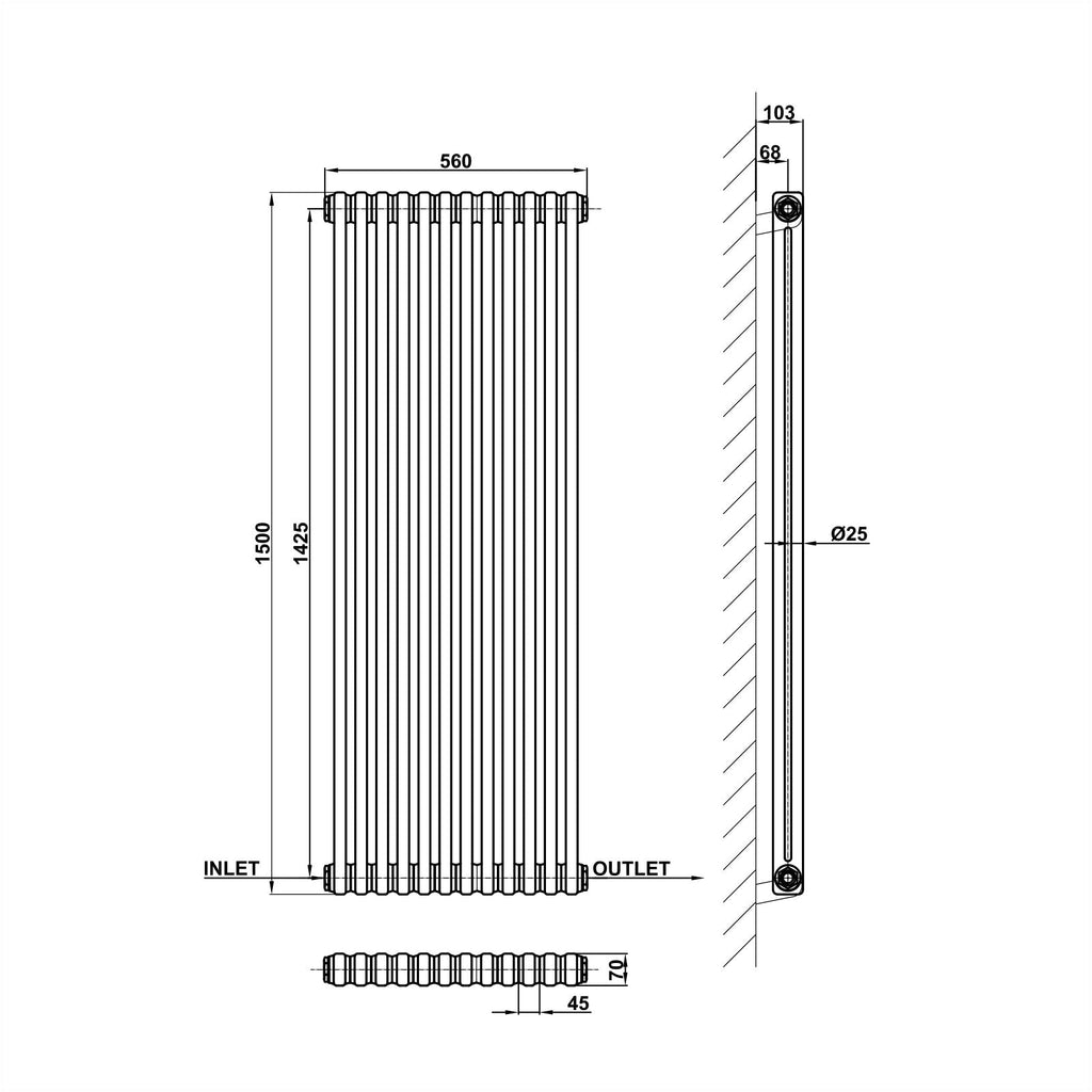 Traditional Vertical 1500x560mm 2 Columns Black Cast Iron Radiator dimension