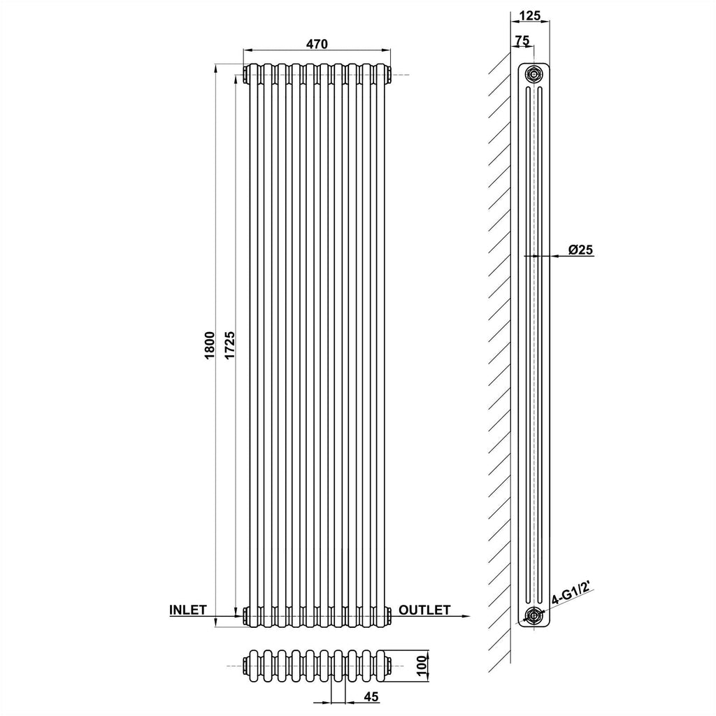Traditional Vertical 1800x470mm 3 Columns Black Cast Iron Radiator dimension