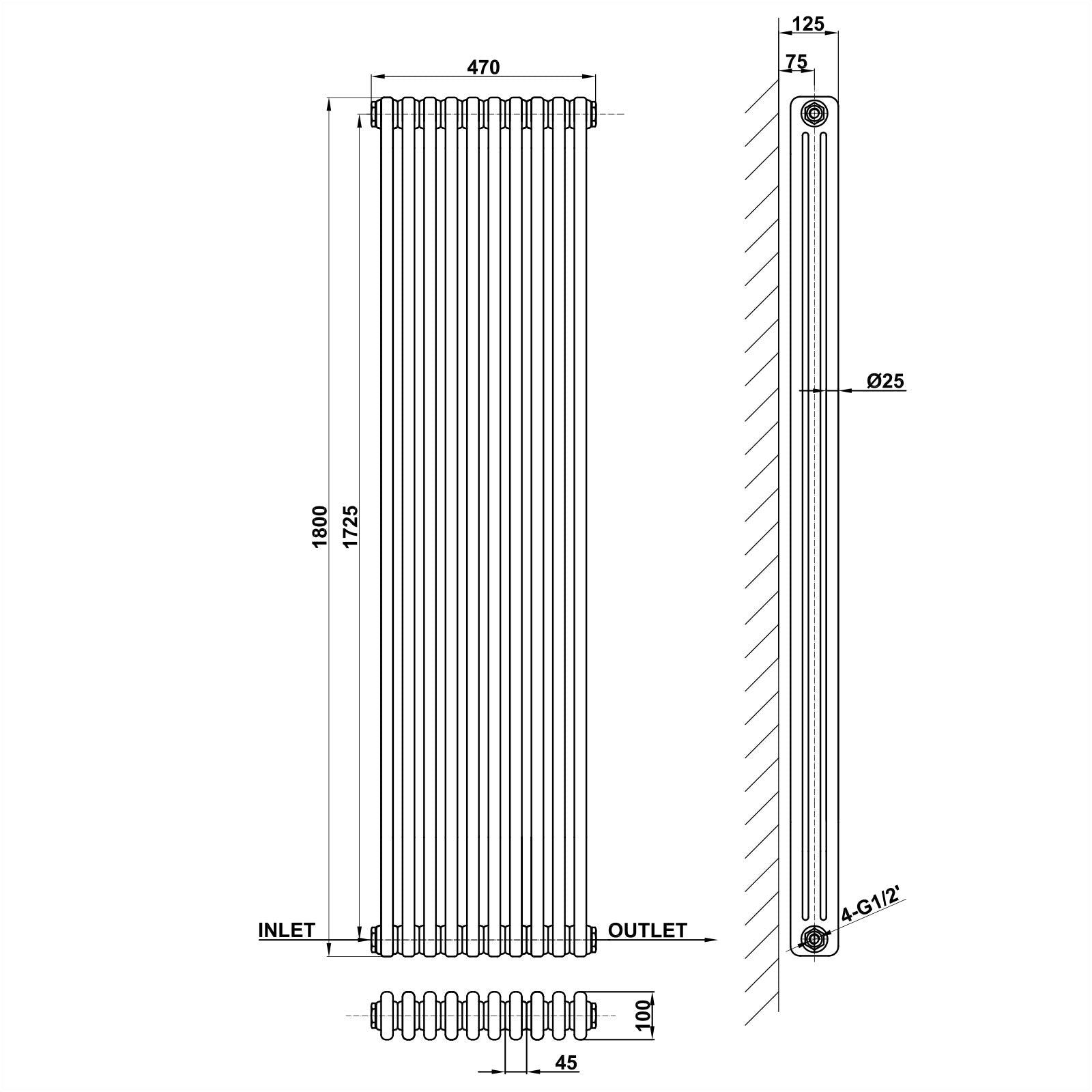 Traditional Vertical 1800x470mm 3 Columns Black Cast Iron Radiator dimension