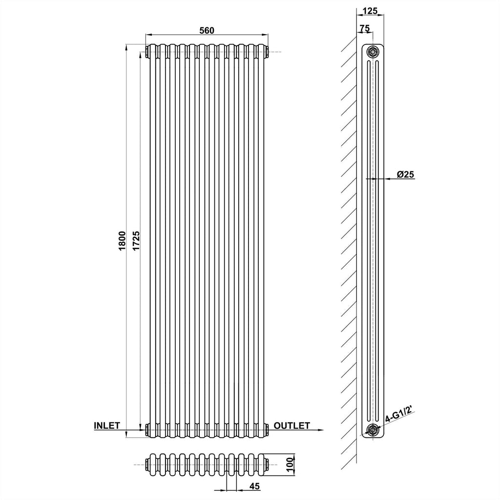 Traditional Vertical 1800x560mm 3 Columns Black Cast Iron Radiator dimension