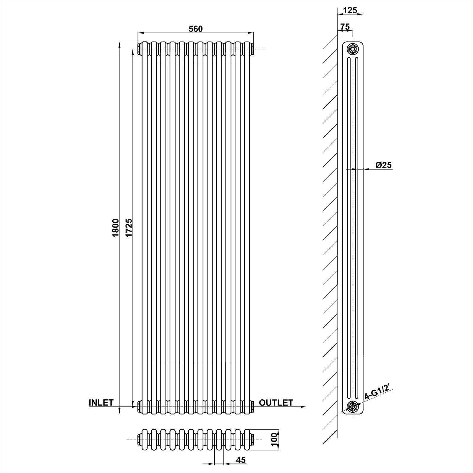 Traditional Vertical 1800x560mm 3 Columns Black Cast Iron Radiator dimension