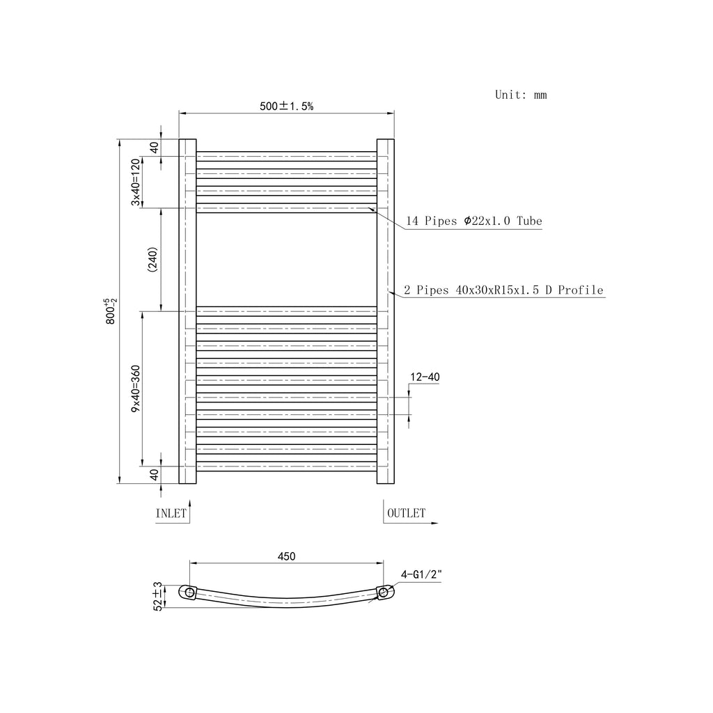 800x500mm Chrome Heated Towel Rail Curved Bathroom Radiator Dimension