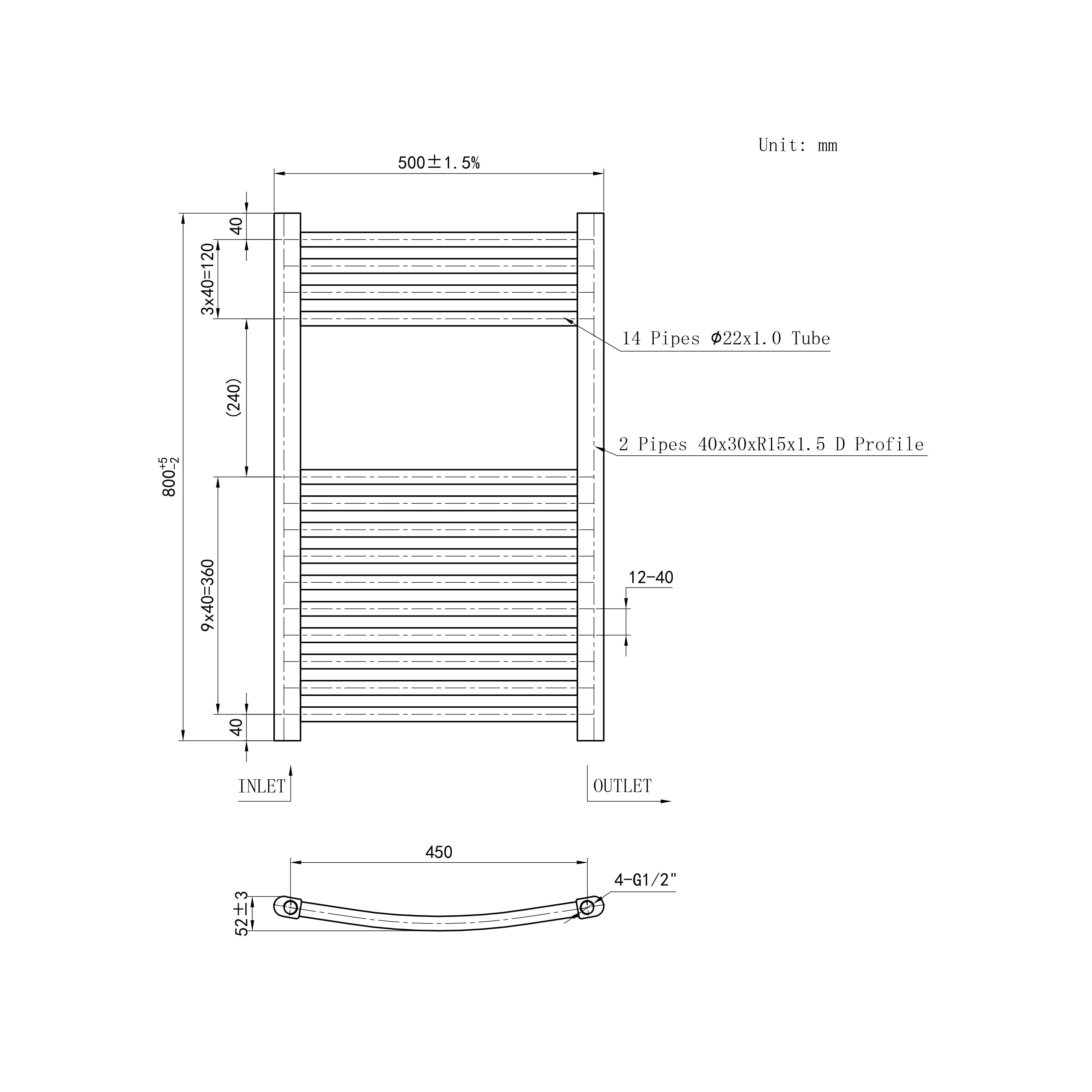 800x500mm Chrome Heated Towel Rail Curved Bathroom Radiator Dimension