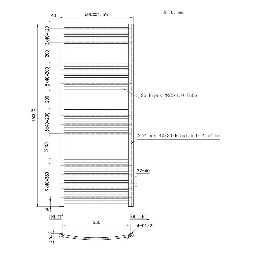 1600x600mm Chrome Heated Towel Rail Curved Bathroom Radiator Dimension