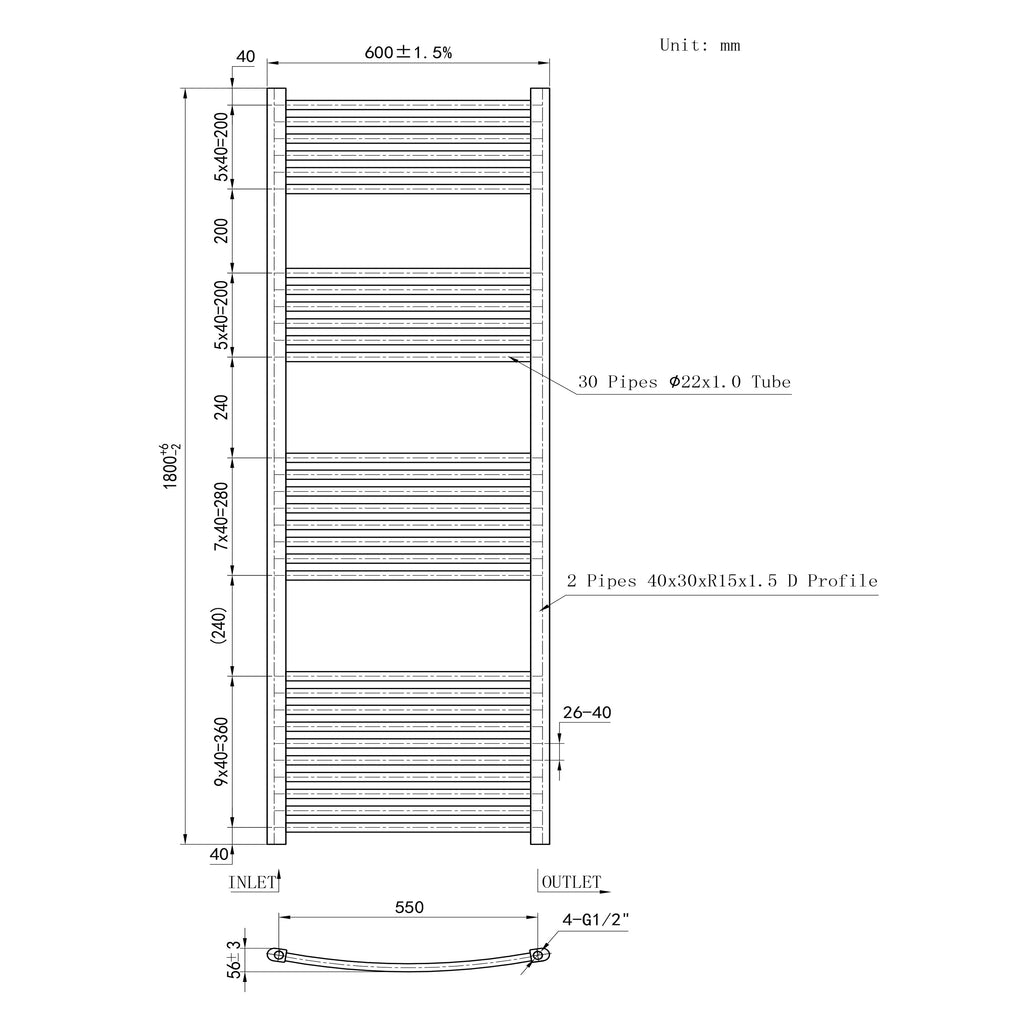 1800x600mm Chrome Heated Towel Rail Curved Bathroom Radiator Dimension