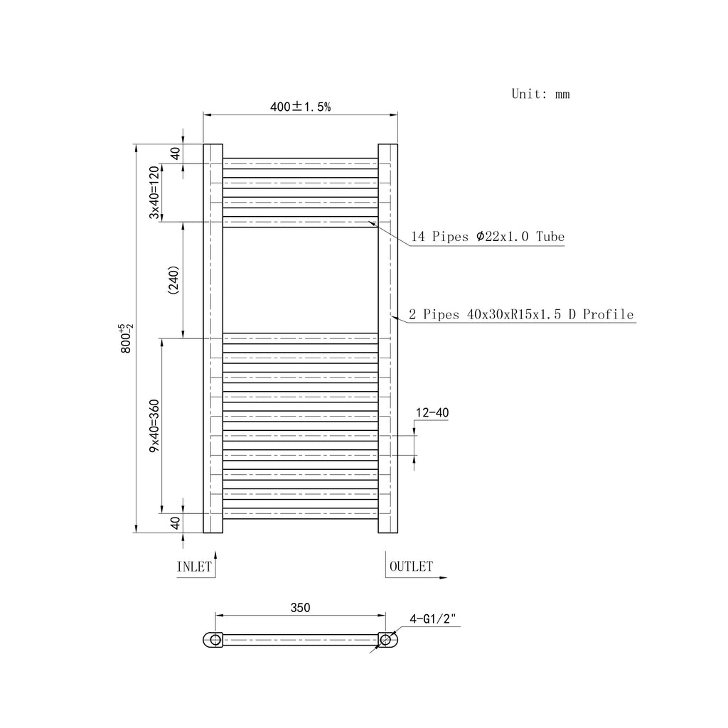 800x400mm Black Heated Towel Rail Straight Bathroom Radiator Dimension