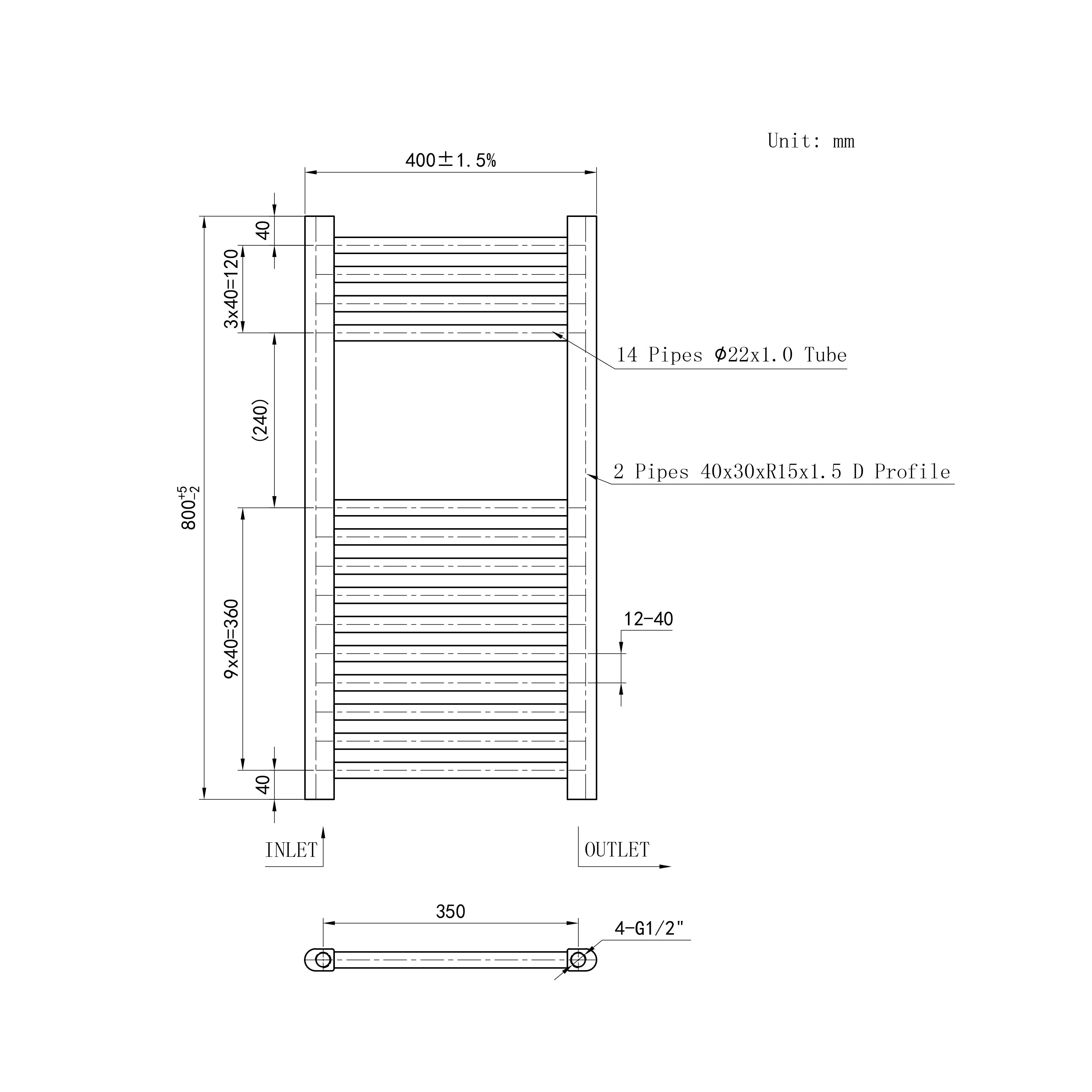 800x400mm Chrome Heated Towel Rail Straight Bathroom Radiator Dimension