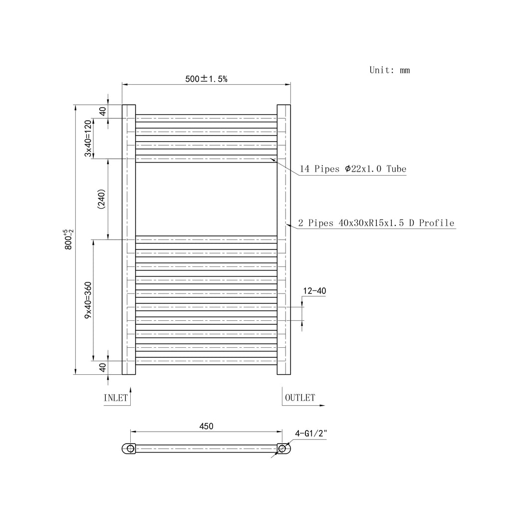 800x500mm Black Heated Towel Rail Straight Bathroom Radiator Dimension