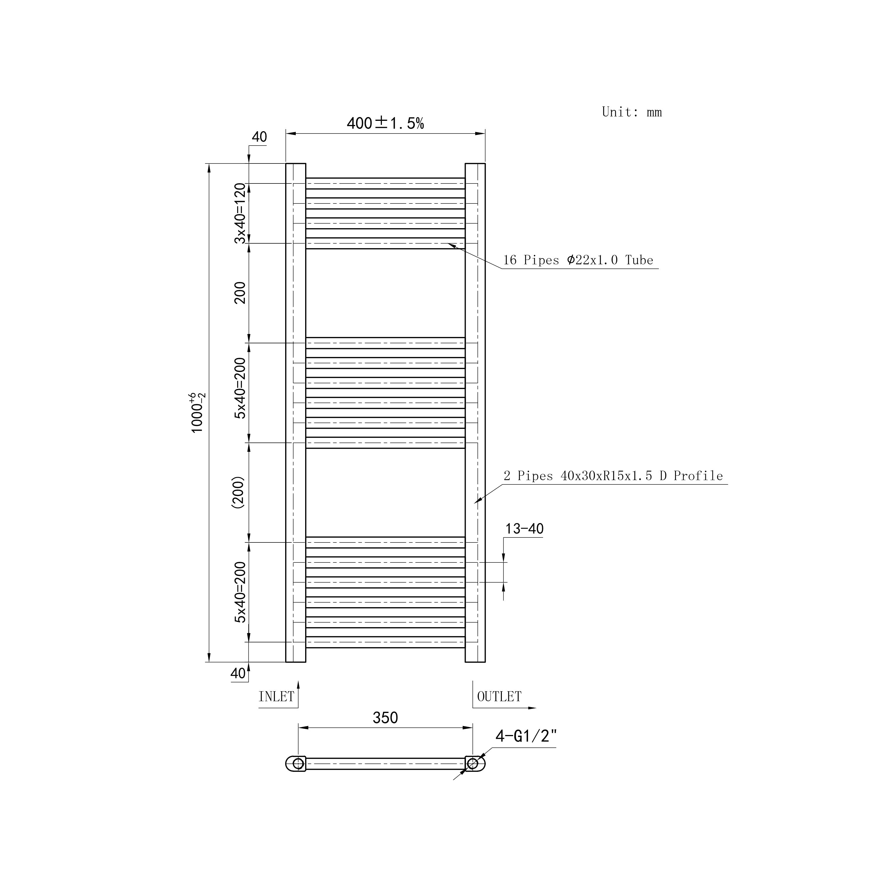 1000x400mm Black Heated Towel Rail Straight Bathroom Radiator Dimension