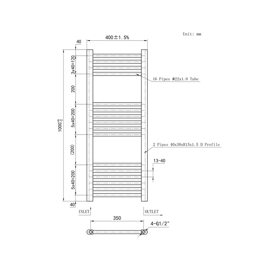 1000x400mm Chrome Heated Towel Rail Straight Bathroom Radiator Dimension