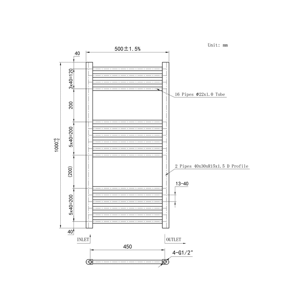 1000x500mm Chrome Heated Towel Rail Straight Bathroom Radiator Dimension