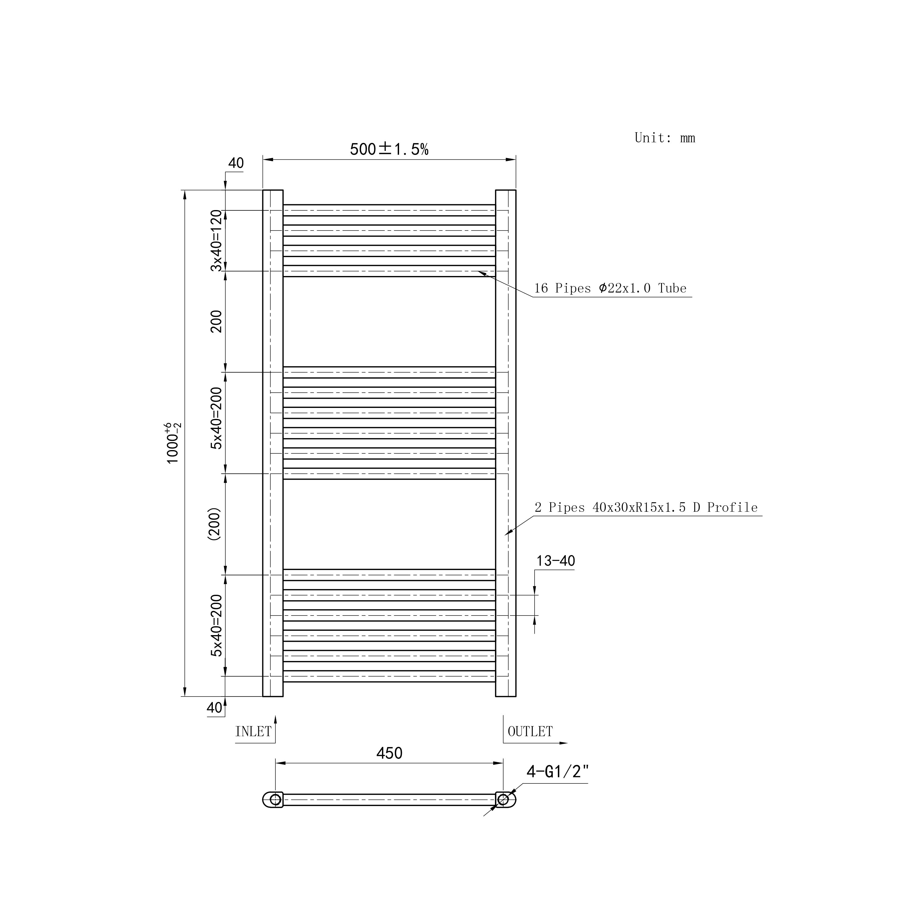 1000x500mm Chrome Heated Towel Rail Straight Bathroom Radiator Dimension