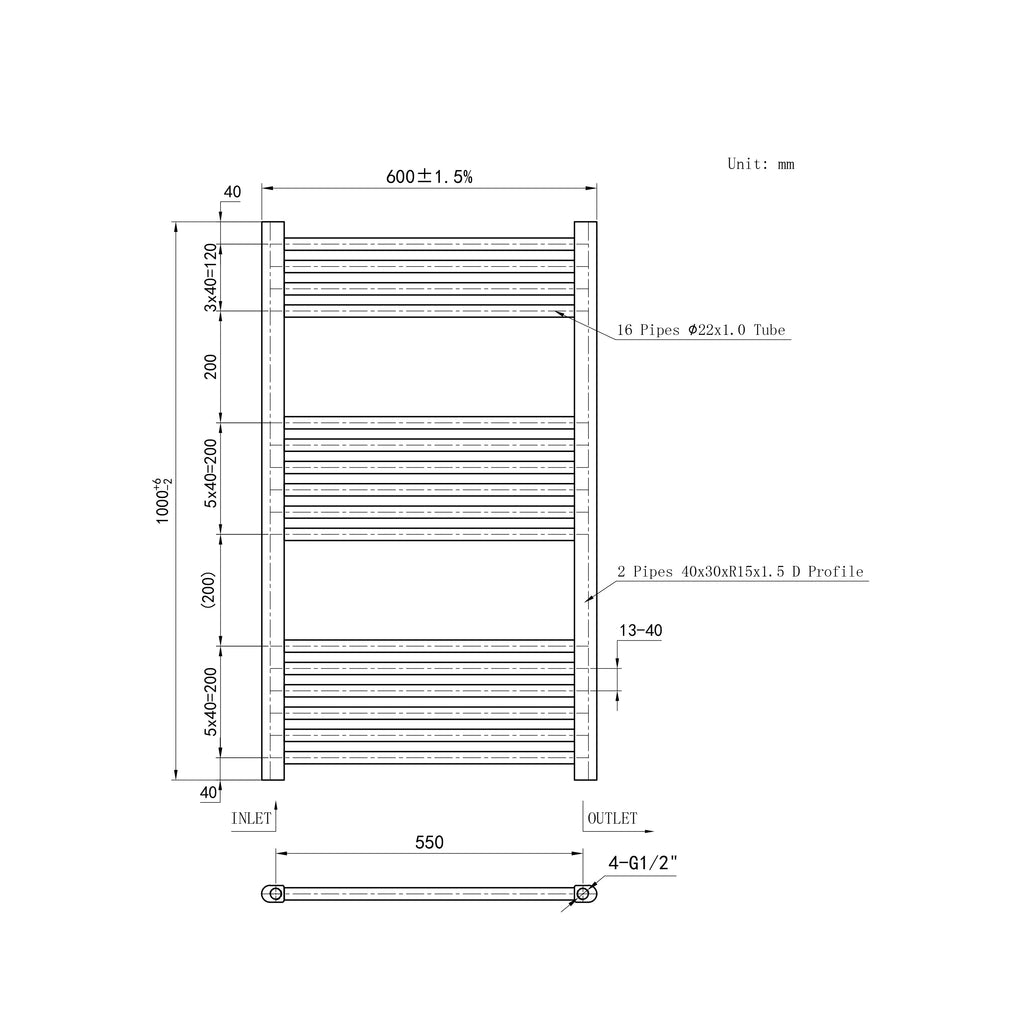 1000x600mm Chrome Heated Towel Rail Straight Bathroom Radiator Dimension