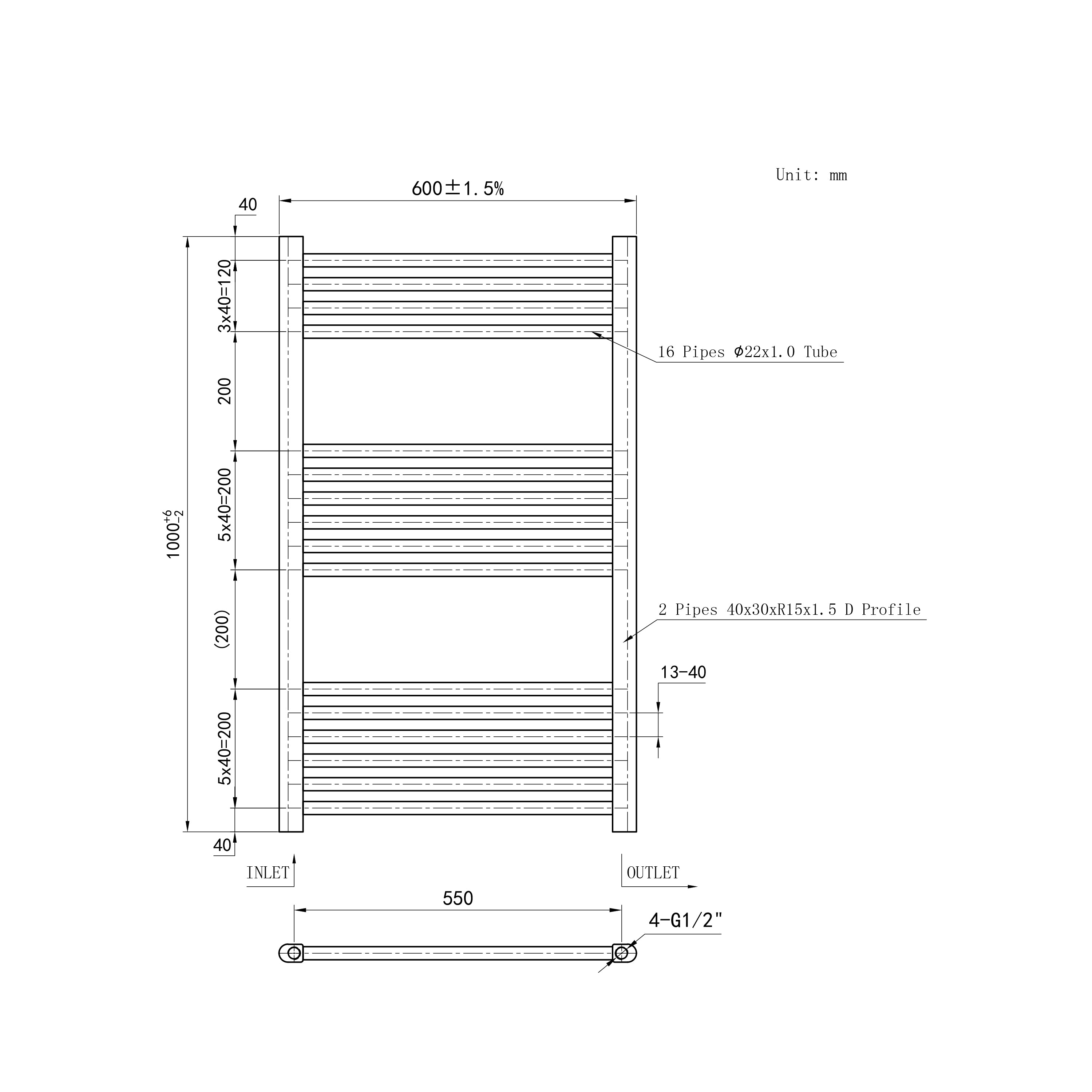 1000x600mm Chrome Heated Towel Rail Straight Bathroom Radiator Dimension
