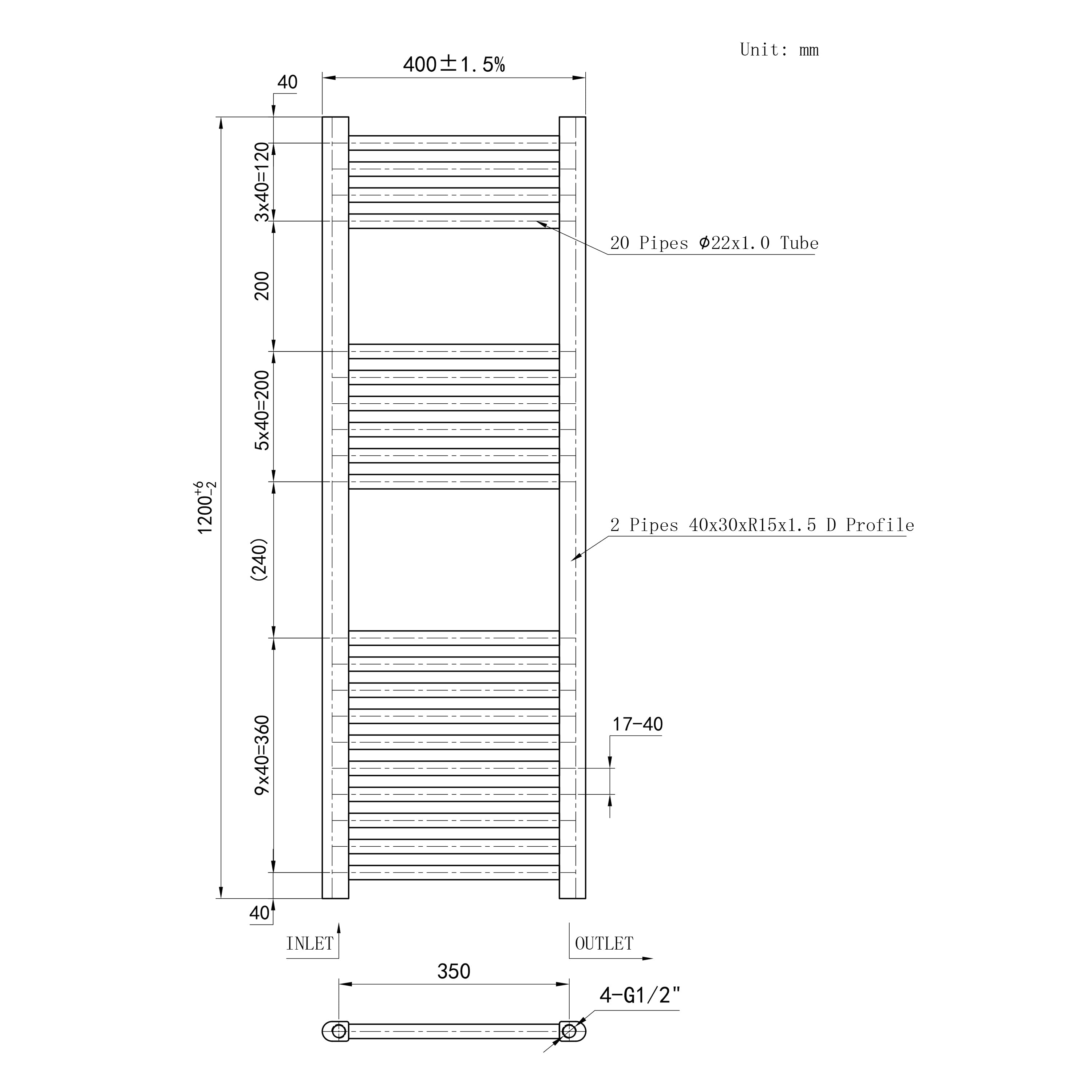 1200x400mm Chrome Heated Towel Rail Straight Bathroom Radiator Dimension