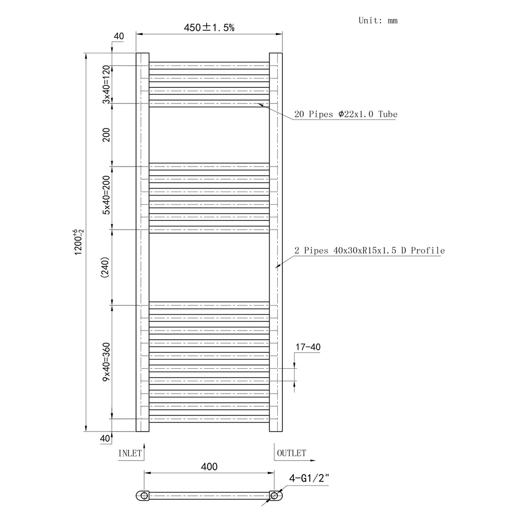 1200x450mm Chrome Heated Towel Rail Straight Bathroom Radiator Dimension