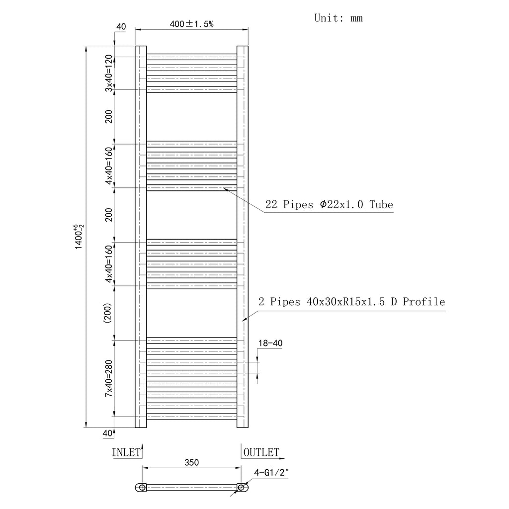 1400x400mm Black Heated Towel Rail Straight Bathroom Radiator Dimension