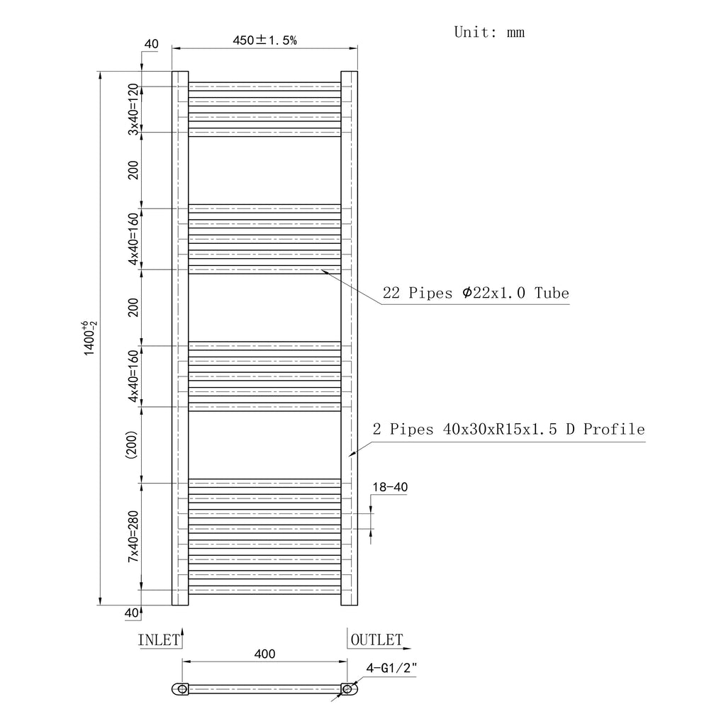 1400x450mm Chrome Heated Towel Rail Straight Bathroom Radiator Dimension