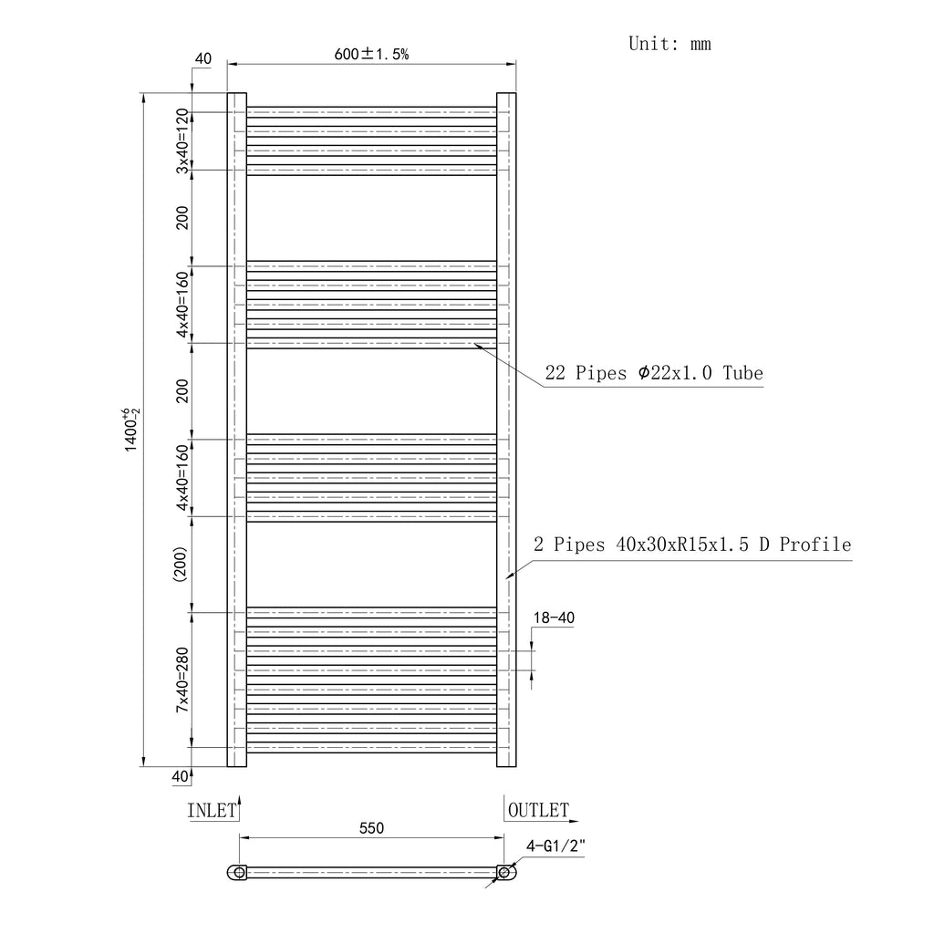 1400x600mm Chrome Heated Towel Rail Straight Bathroom Radiator Dimension