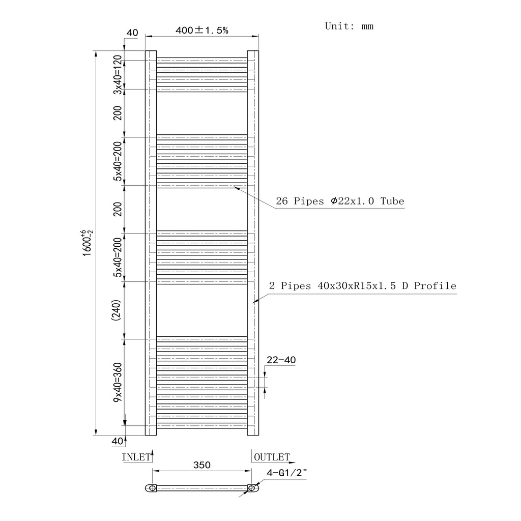 1600x400mm Chrome Heated Towel Rail Straight Bathroom Radiator Dimension