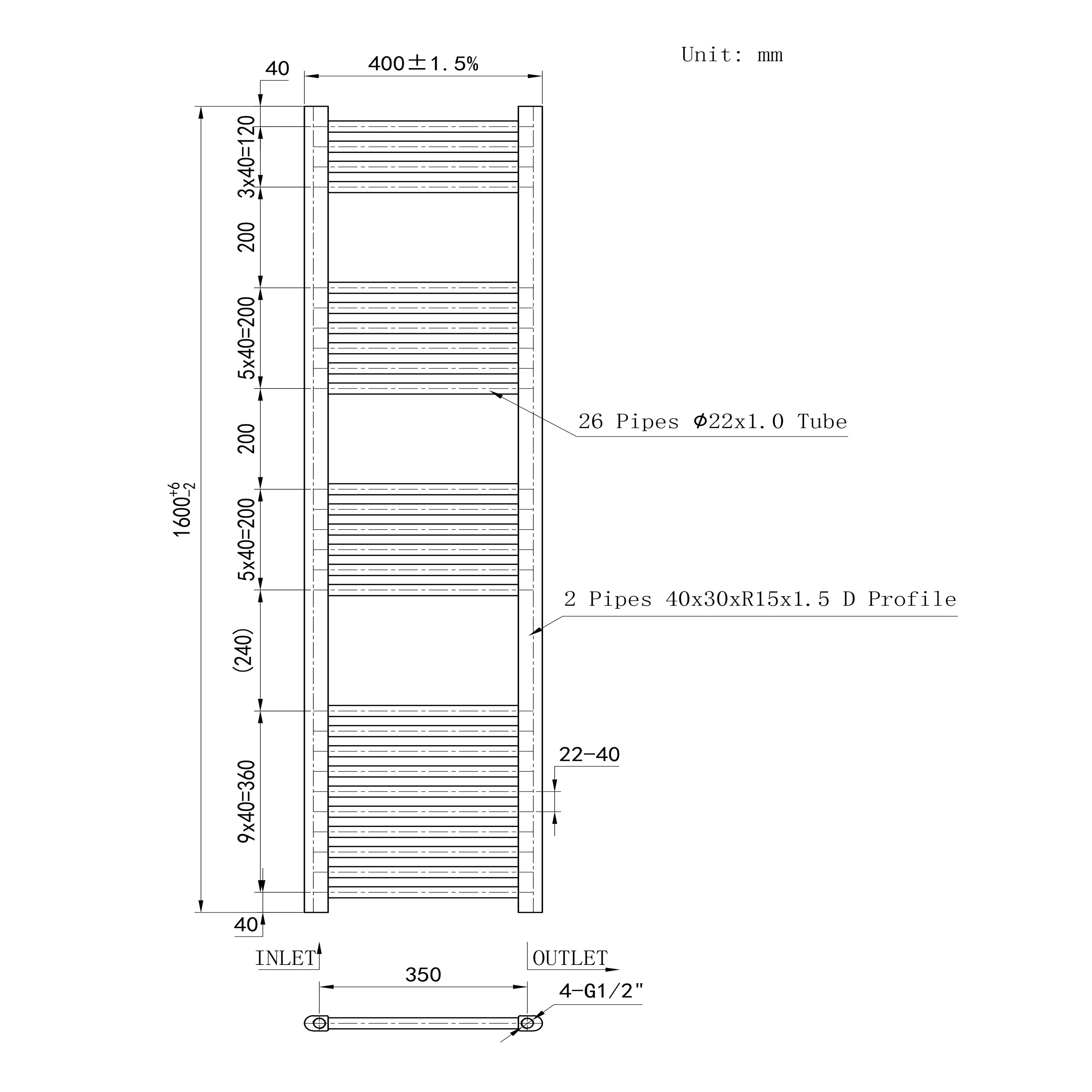 1600x400mm Chrome Heated Towel Rail Straight Bathroom Radiator Dimension